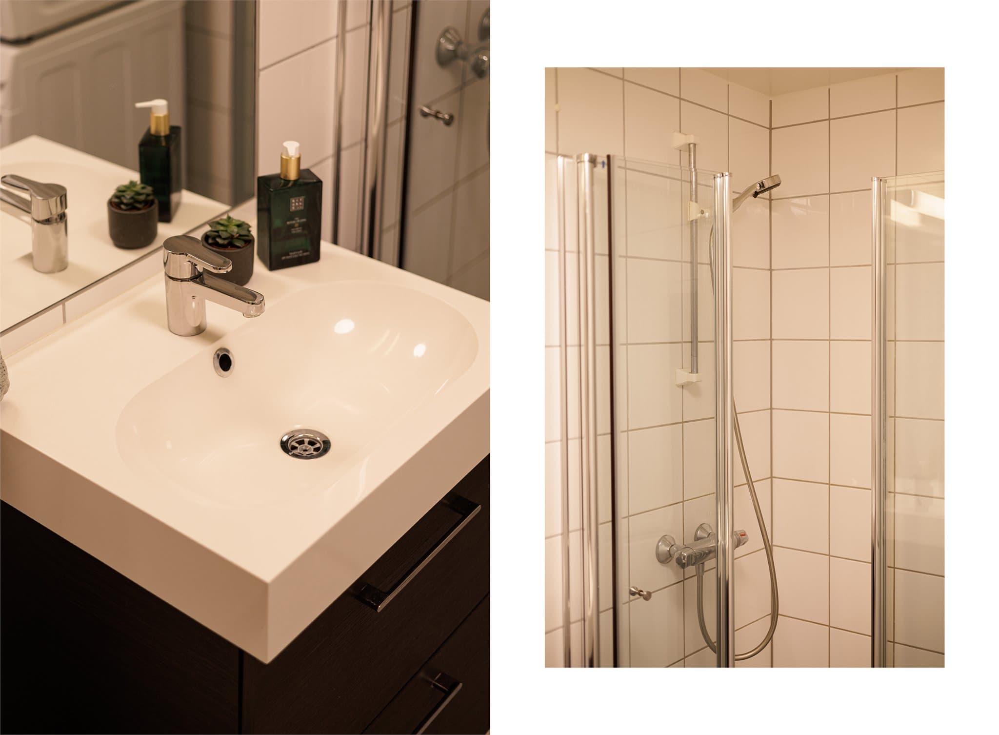 Dusjsonen har innfellbare dører i herdet glass, og rommet er utstyrt med gulvstående toalett. Det er også opplegg for vaskemaskin og plass til tørketrommel.