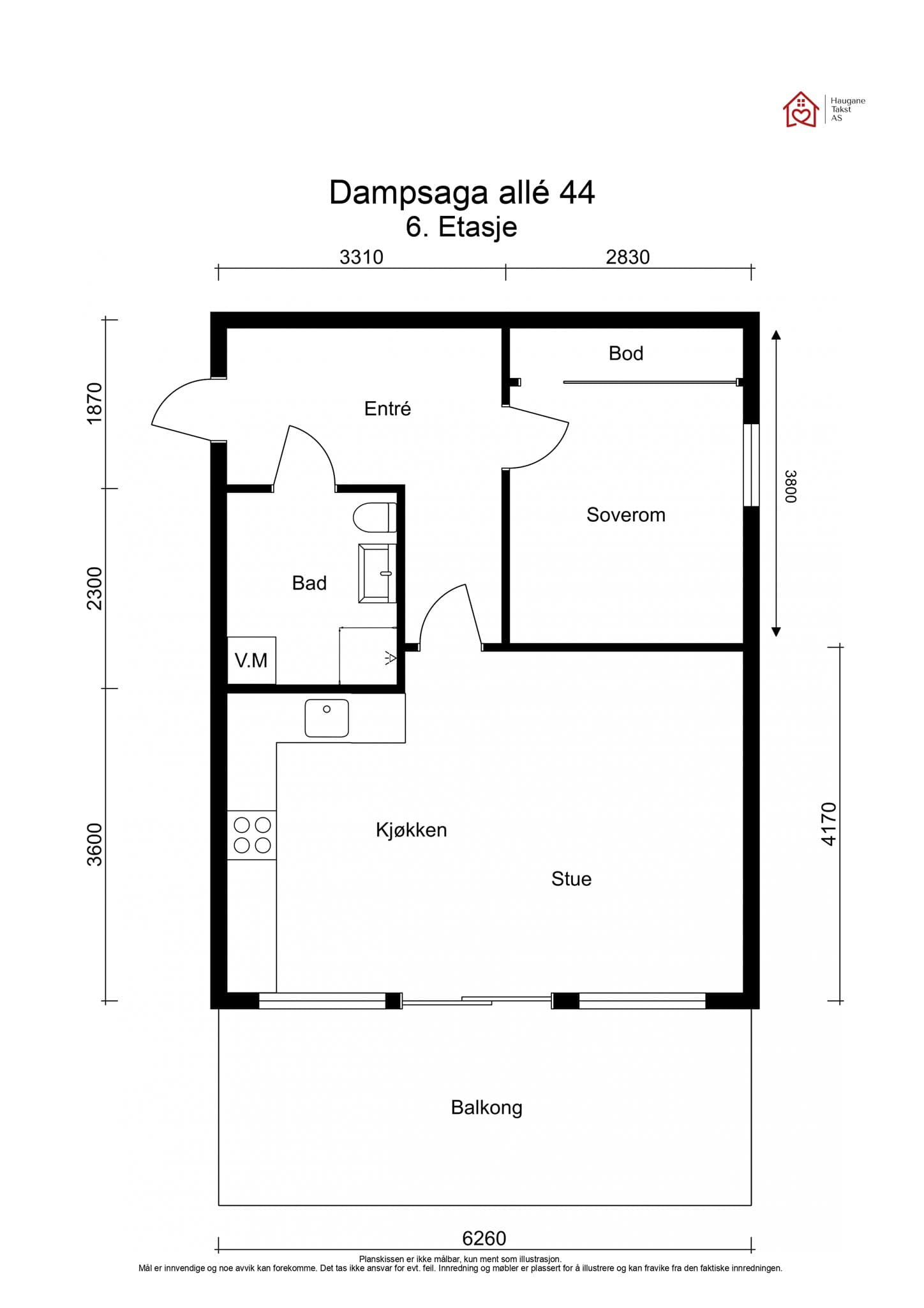 Plantegning. Leiligheten disponerer også én bod i kjeller på ca. 6,6 m².