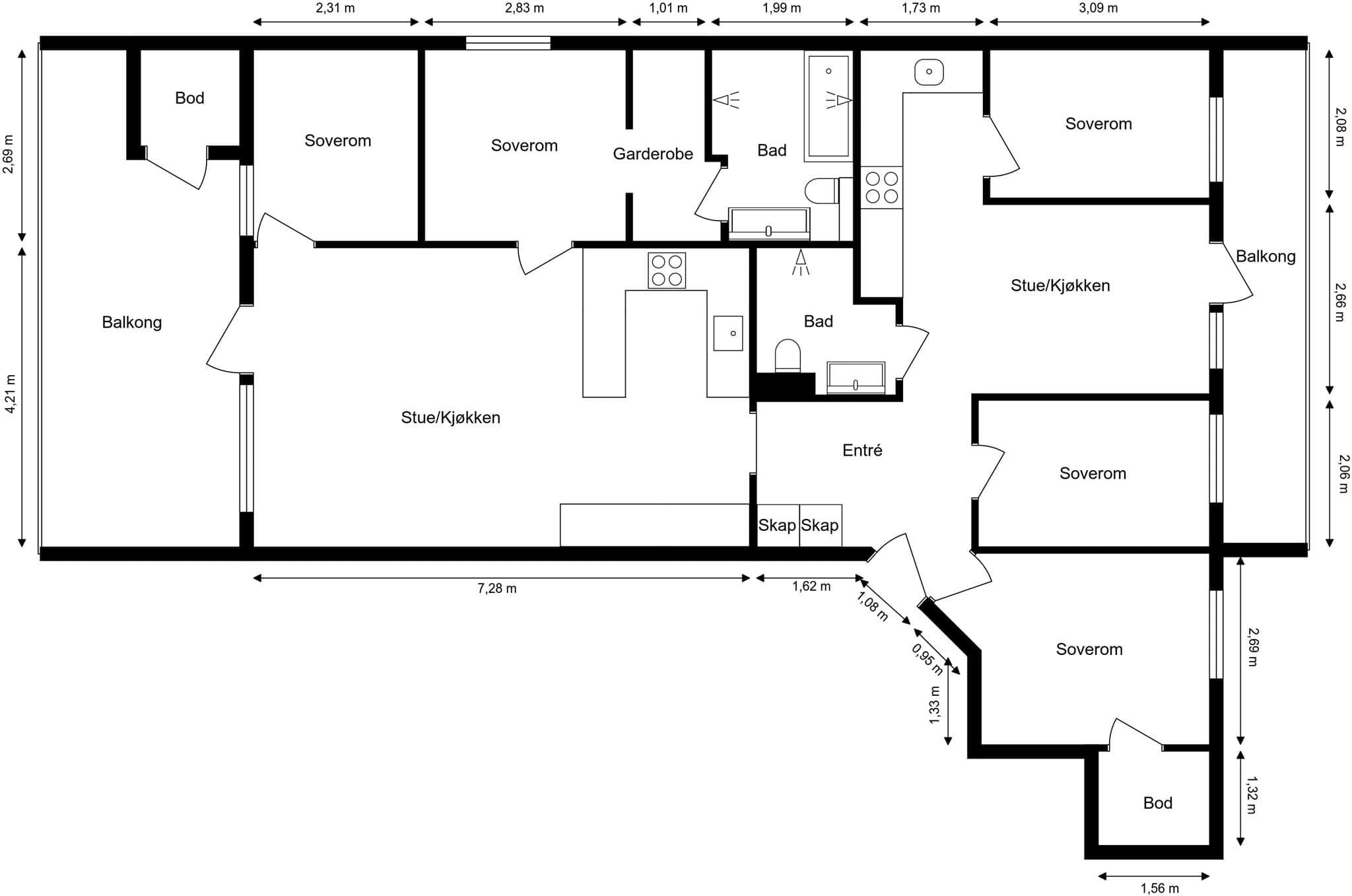 Plantegning. I tillegg disponerer leiligheten en parkeringsplass i garasjeanlegg.