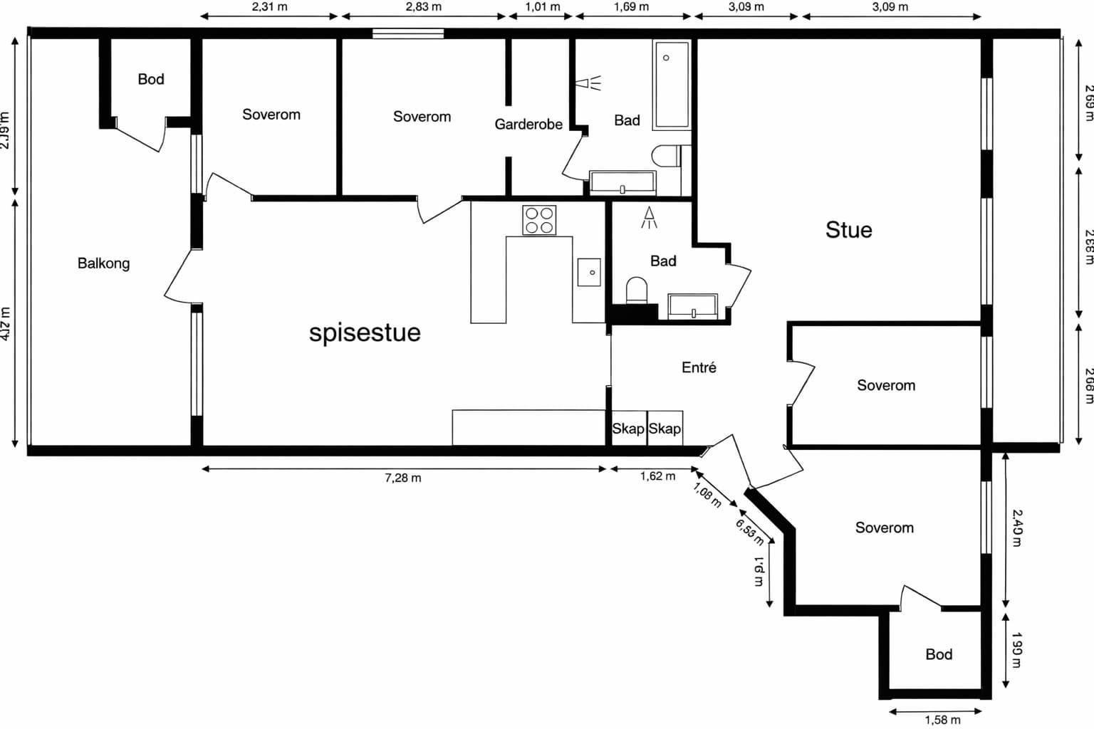 Alternativ planløsning. Ett soverom og kjøkken er fjernet til fordel for en større stue. Leiligheten får dermed en romslig spisestue med kjøkken, samt stue som eget separat rom, perfekt for storfamilier.