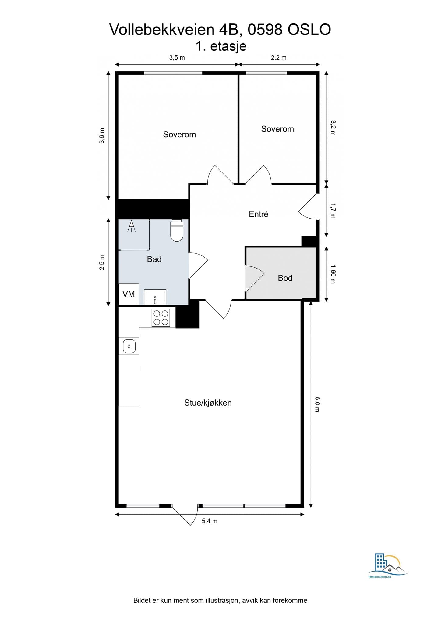 Planløsning. Leiligheten disponerer en garasjeplass og en kjellerbod på 5 m².