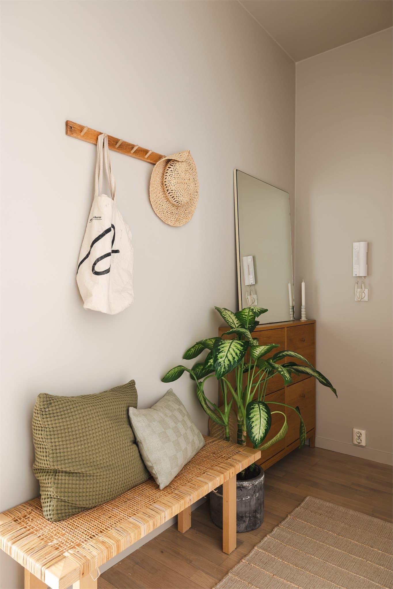 Entréen har plass til oppbevaringsmøbler for yttertøy og sko samt oppheng til tøy.