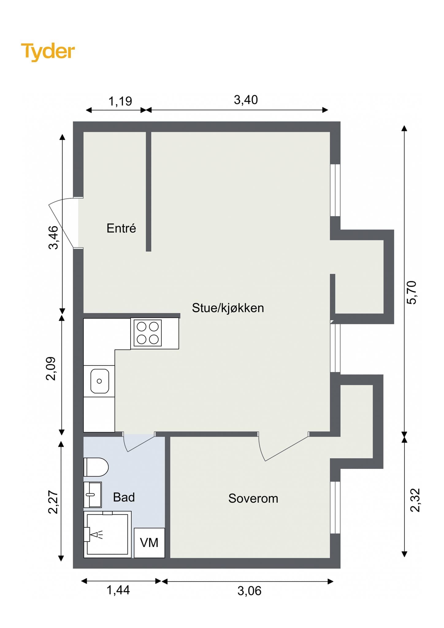 Planløsning. tillegg disponerer leiligheten en ekstern bod på loftet med et eksternt bruksareal (BRA-e) på 2 m².