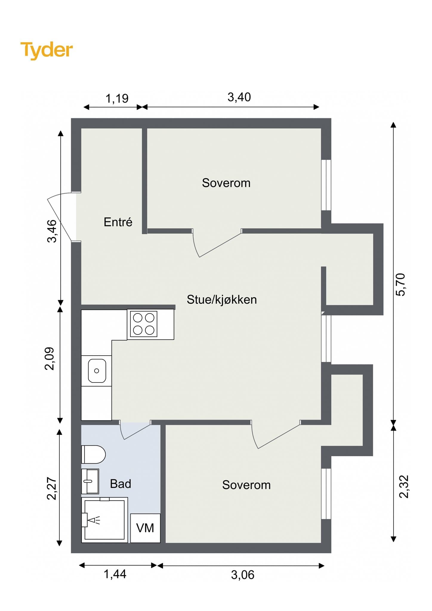 Alternativ planløsning med 2 soverom