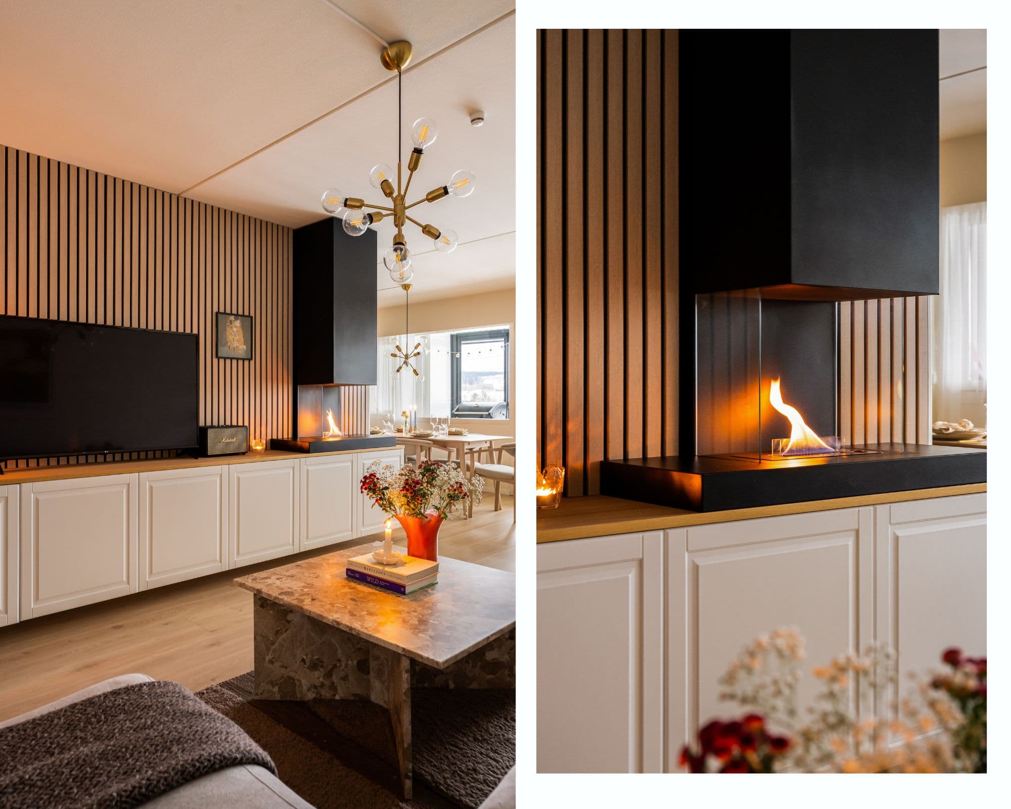 Tenderflame-peis som skaper en hyggelig atmosfære i stuen.