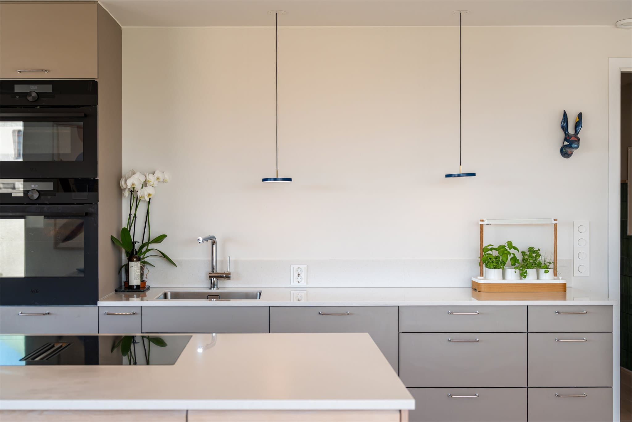 Integrerte kvalitetshvitevarer fra AEG, inkludert stekeovn med dampfunksjon, WIFI og kamera.