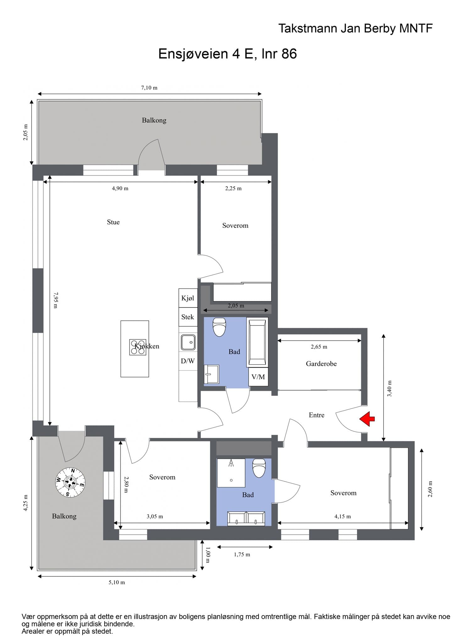 Plantegningen viser en arealeffektiv planløsning med tre soverom, to bad og rikelig med uteplass. Leiligheten har egen p-plass i garasjeanlegg.