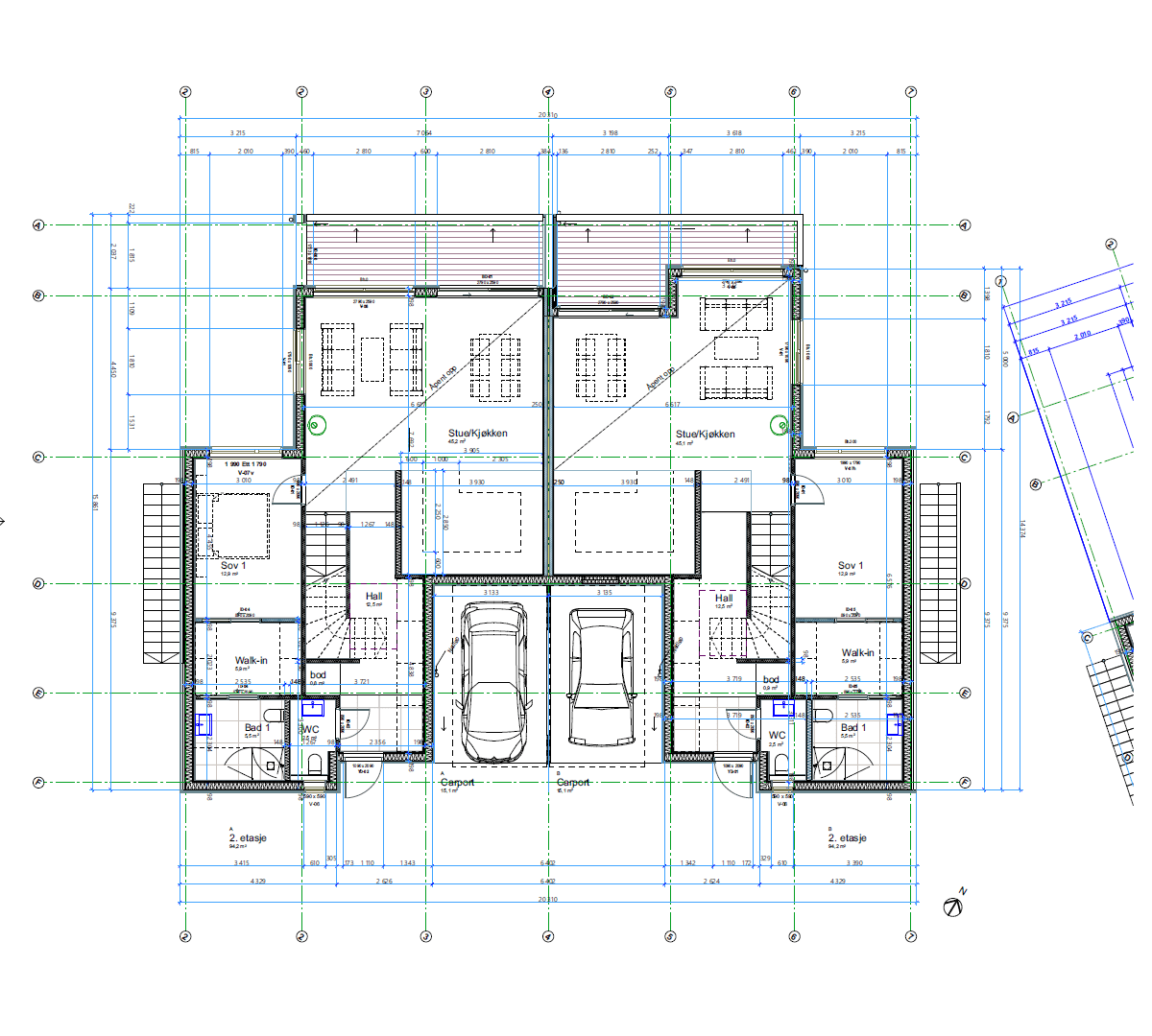 - Ny plantegning 2. etasje, her er sportsboden bak kjøkkenveggen tatt vekk, og kjøkkenet utvides -