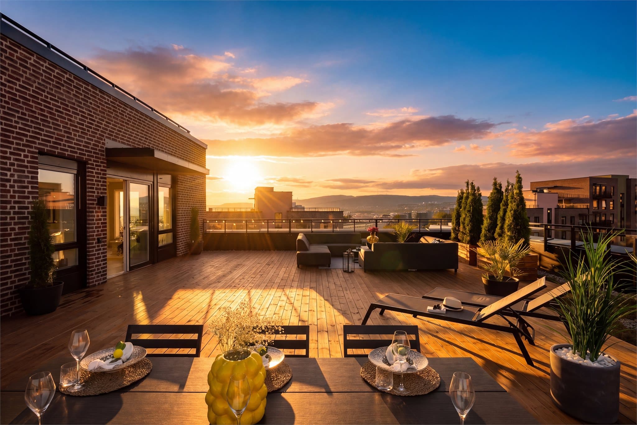 Velkommen til en sjelden mulighet - en eksklusiv toppleilighet med spektakulær utsikt, gode solforhold, privat takterrasse på hele 104 m², balkong og garasjeplass. Dette bildet er KI-redigert. Foto: Joakim Karlsen og Paul Dragoman.