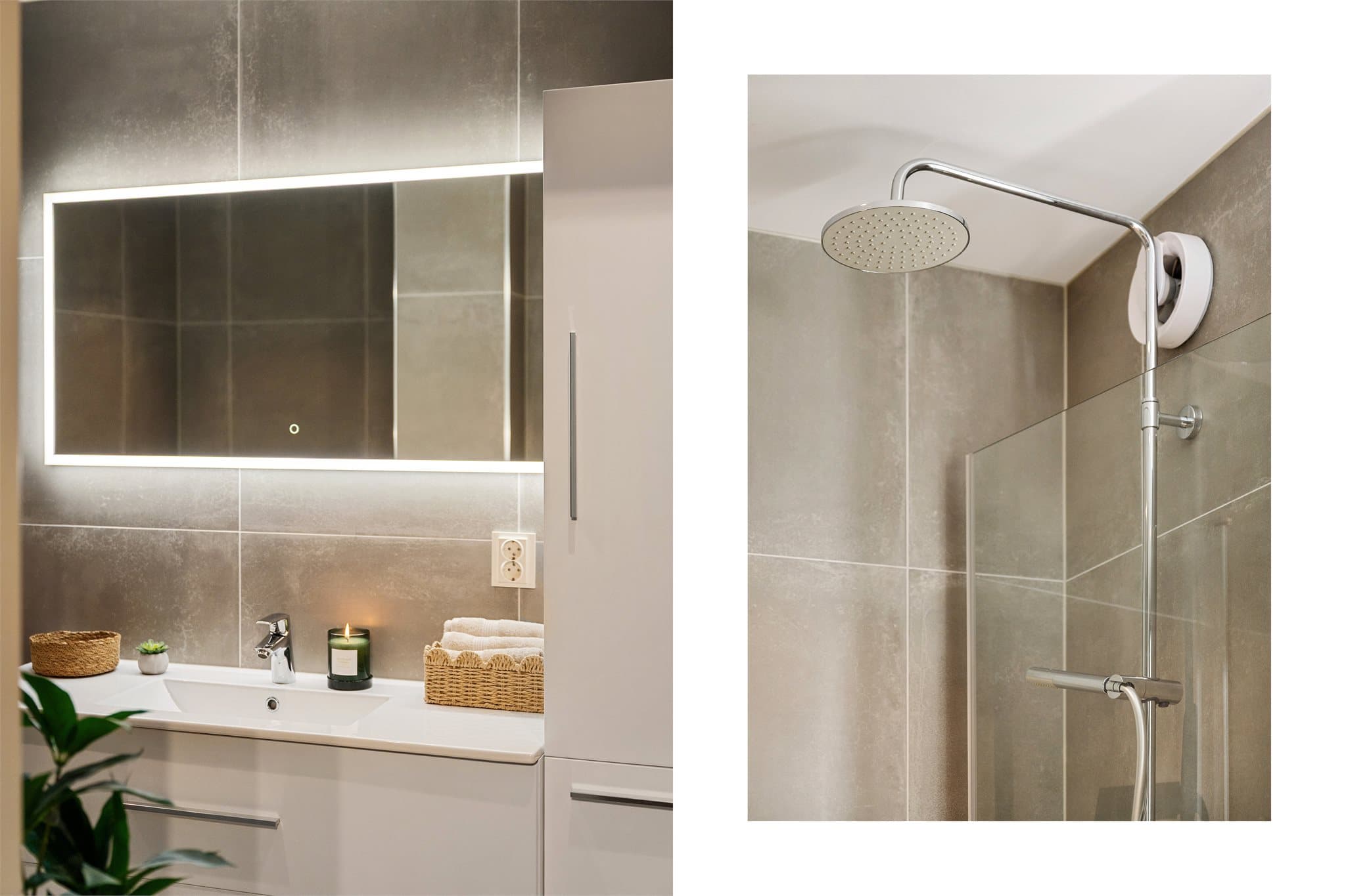 Badet måler 5m² og er innredet med nedsenket dusjsone med gulvsluk, dusjvegger, baderomsinnredning med servant, vegghengt klosett med innebygd sisterne, varmtvannsbereder, og opplegg for vaskemaskin og tørketrommel.