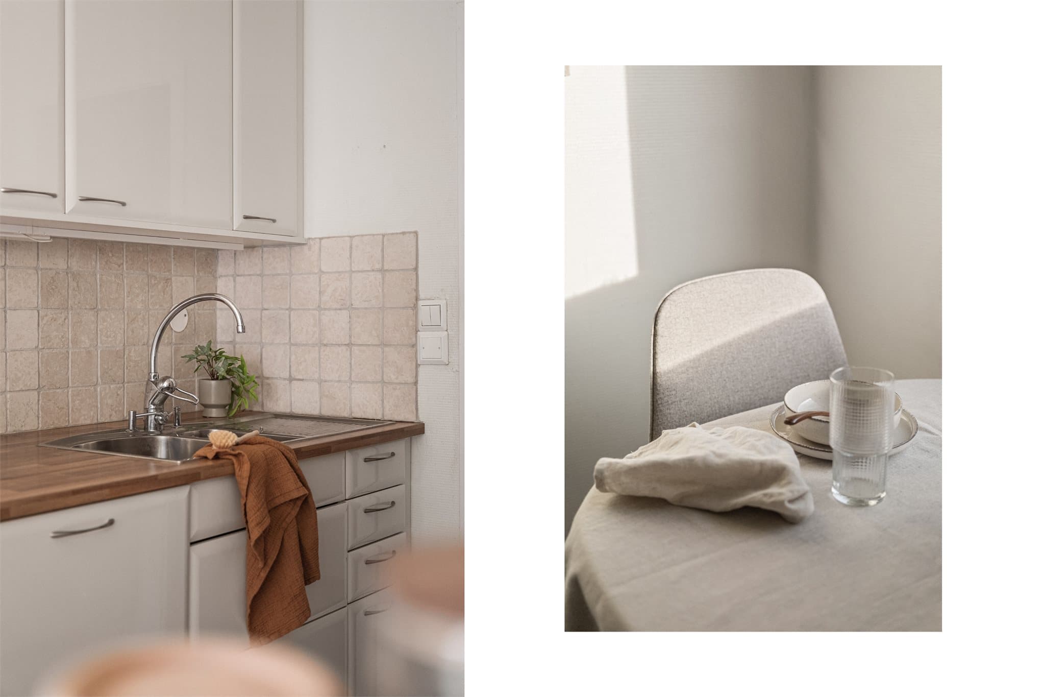 Takhøy innredning. Marmorfliser over benkeplate.