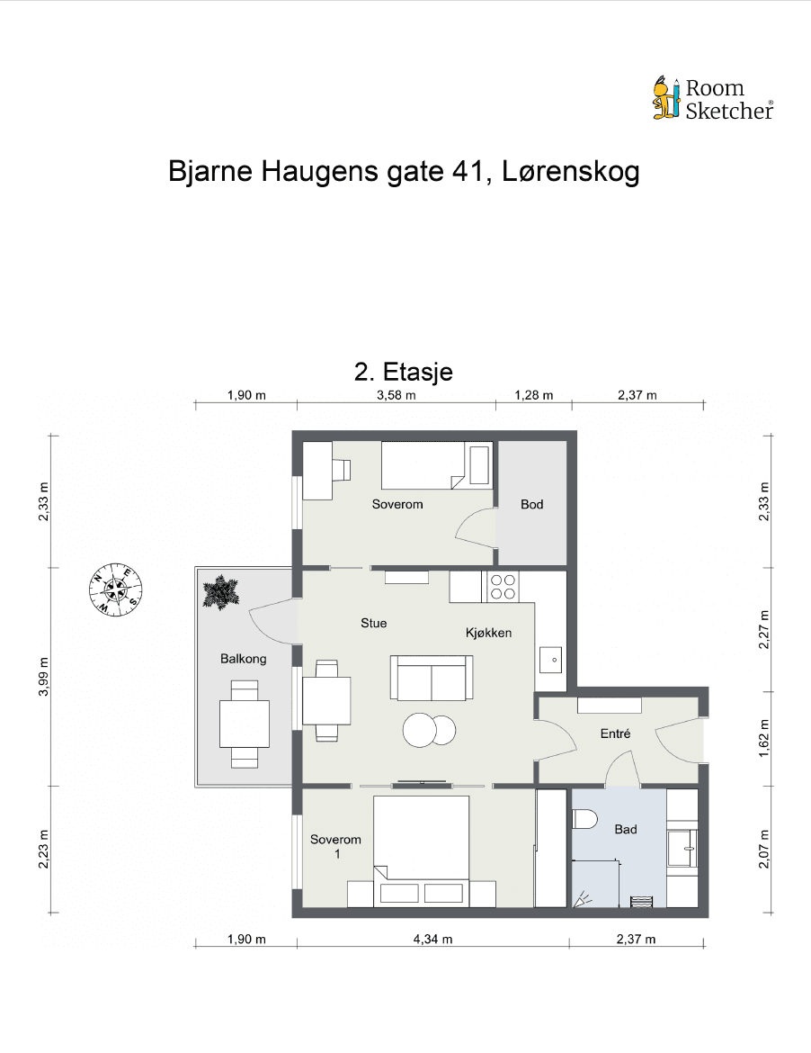 Plantegning - I tillegg disponerer leiligheten en ekstern bod.