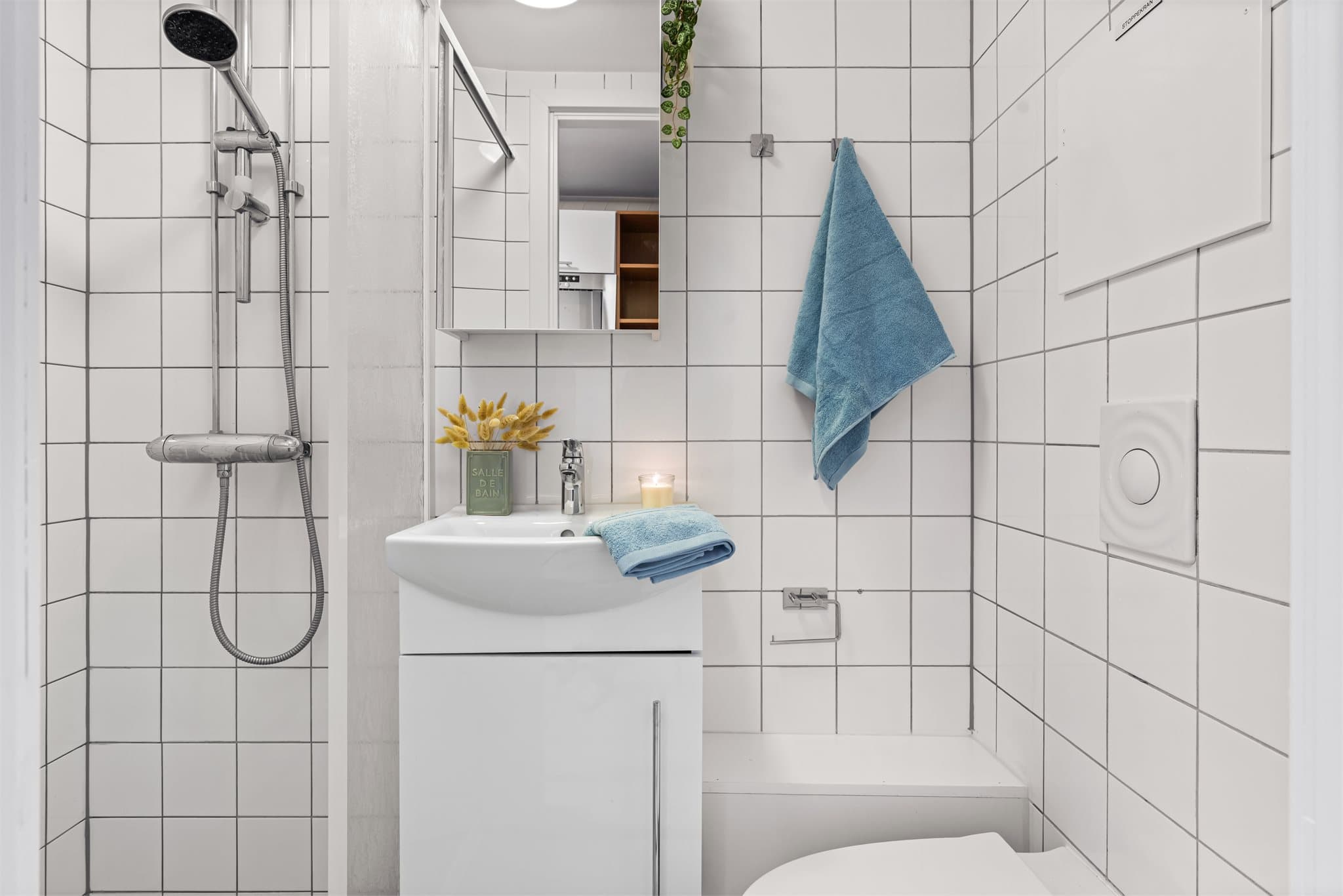 Innredningen består av benkeskap og speilskap.