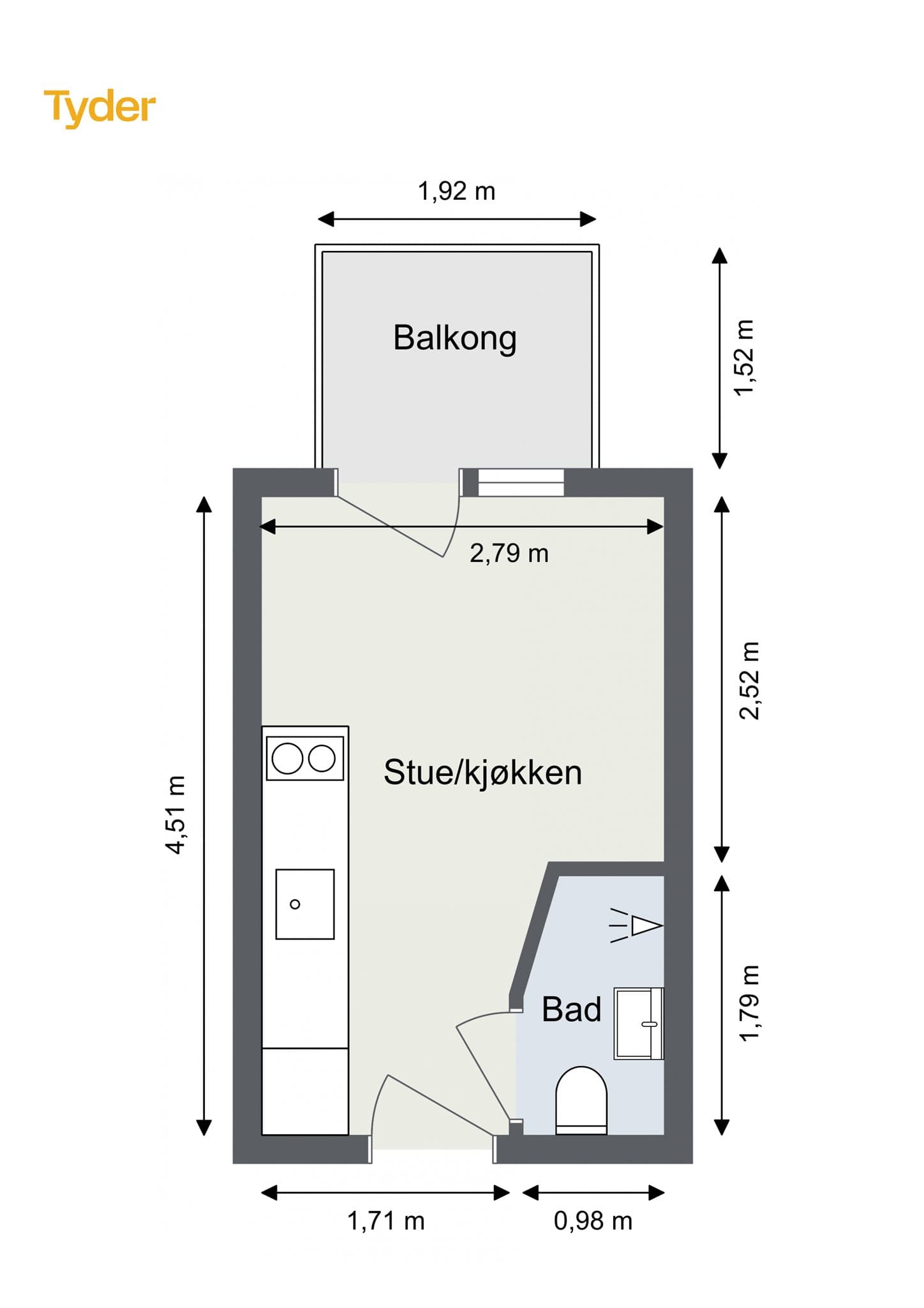 Plantegning. Leiligheten disponerer en bod i kjeller på 1 m².