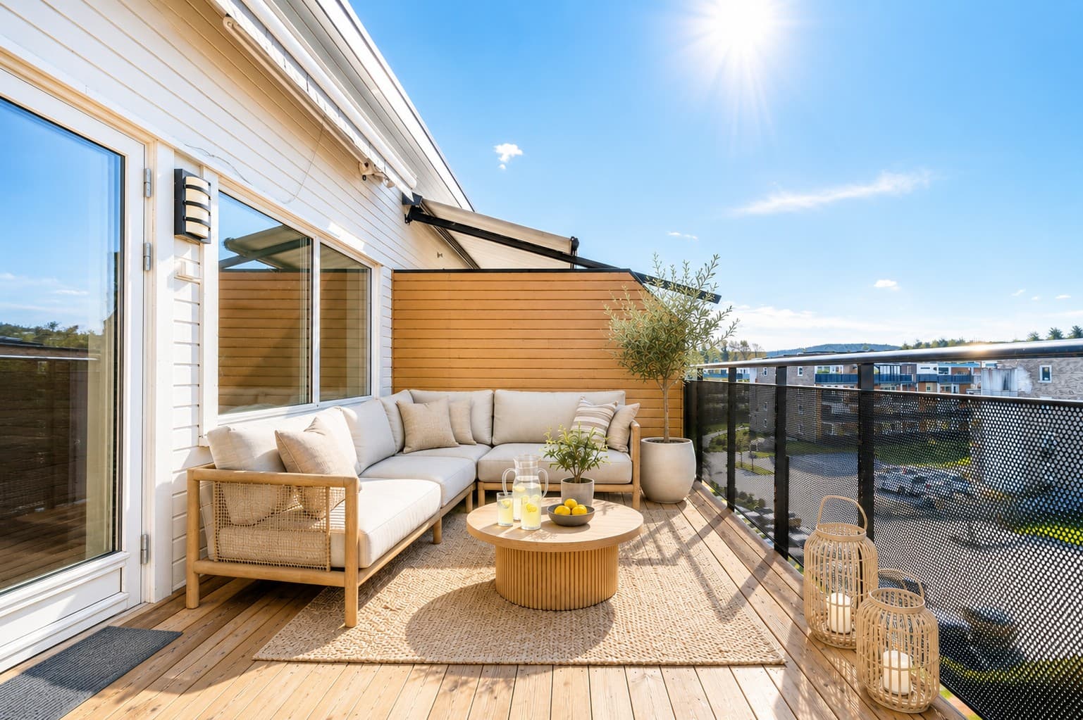 Den romslige terrassen på ca. 17 m2 har svært gode solforhold og god plass til både loungemøbler og spisegruppe – perfekt for rolige morgenstunder og hyggelige sommerkvelder. Bilde er digitalt møblert for inspirasjon - avvik kan forekomme.