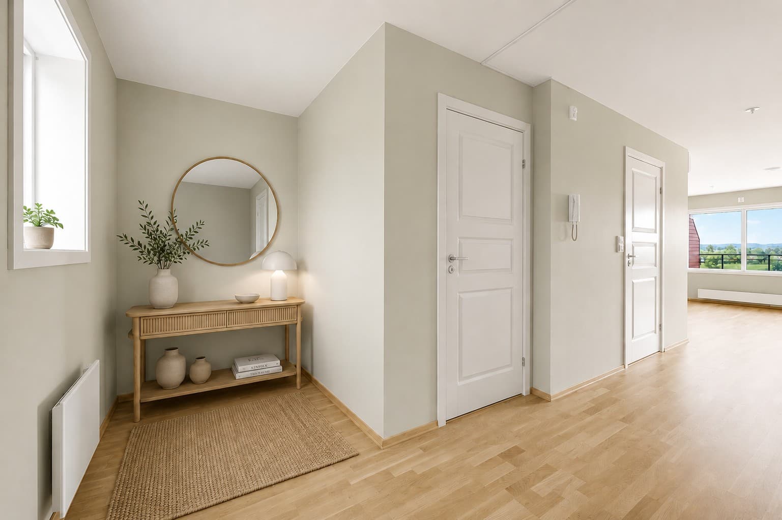 Romslig entré/gang med god plass til garderobe og tilgang til praktisk innvendig bod. Bilde er digitalt møblert for inspirasjon - avvik kan forekomme.