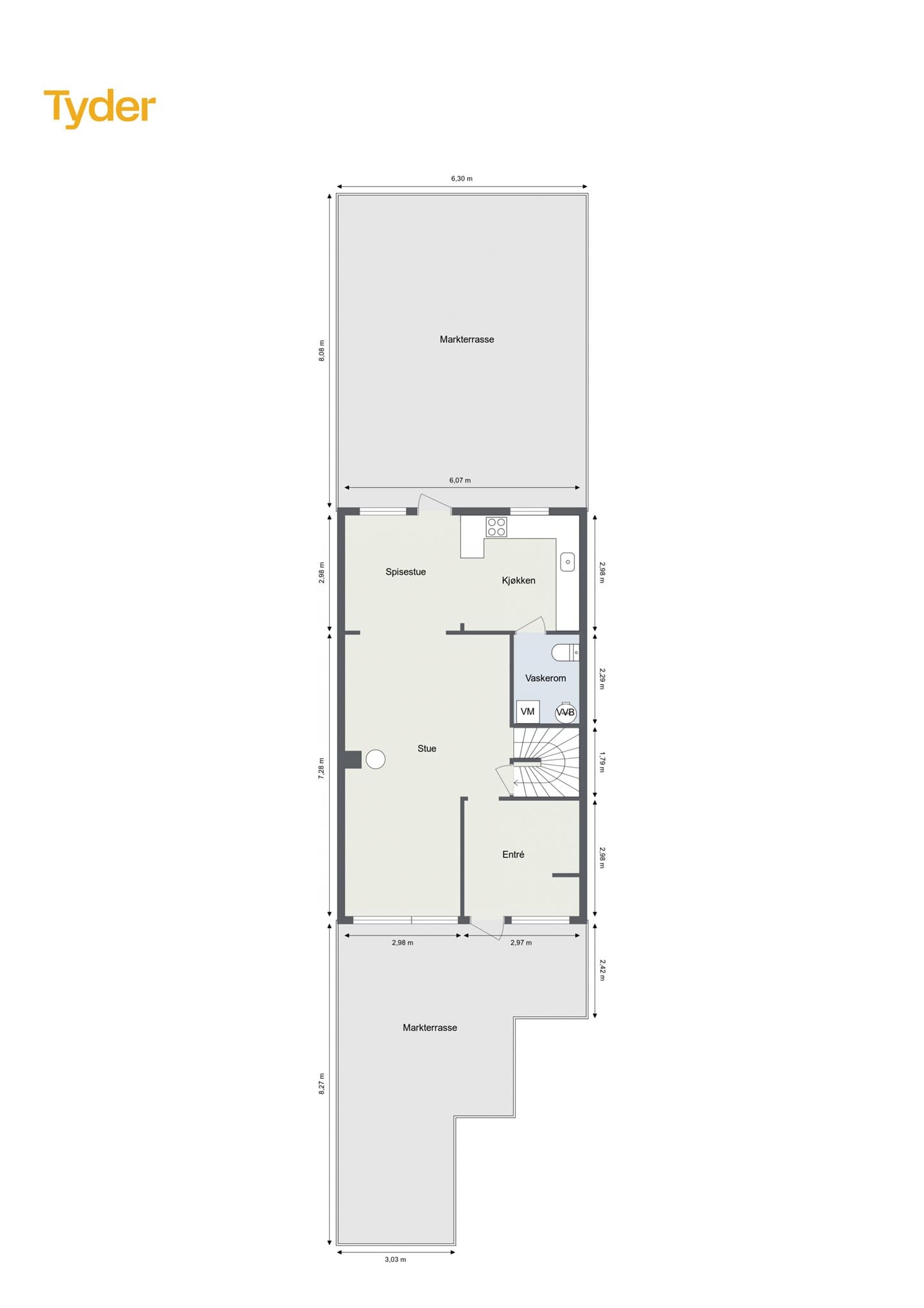 Plantegning 1.etasje - med terrassemål.