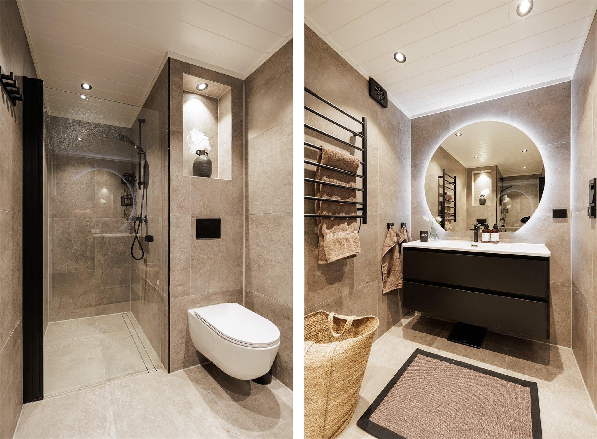 Dusjsonen er utstyrt med innfellbar dør i herdet glass, noe som gir et stilrent og luftig uttrykk.