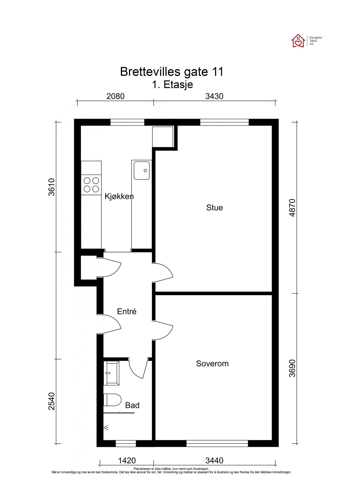Planløsning. Leiligheten disponerer en bod i kjeller på ca. 13 m².