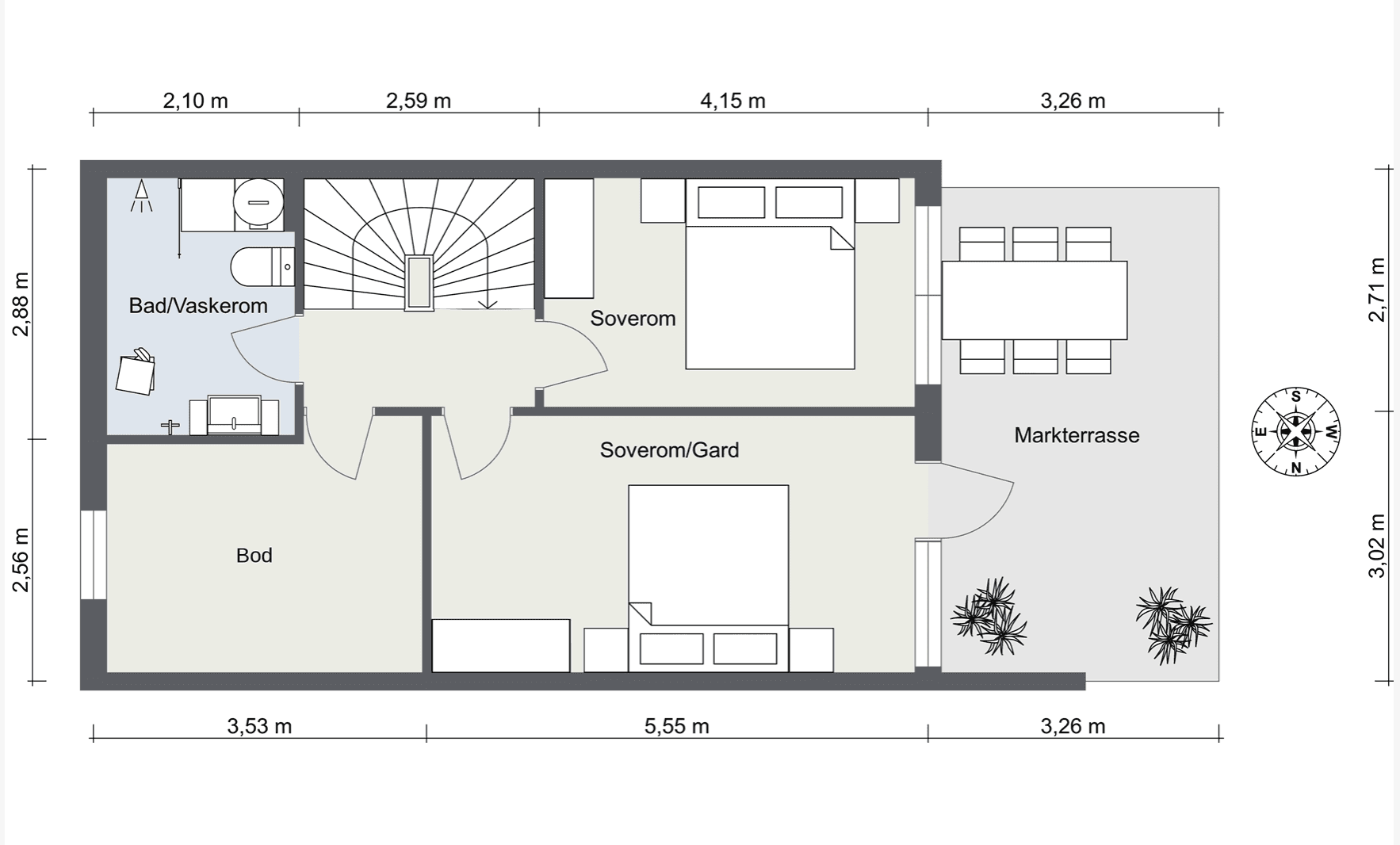 Innhold; Bad/Vaskerom, bod, soverom, soverom, markterrasse