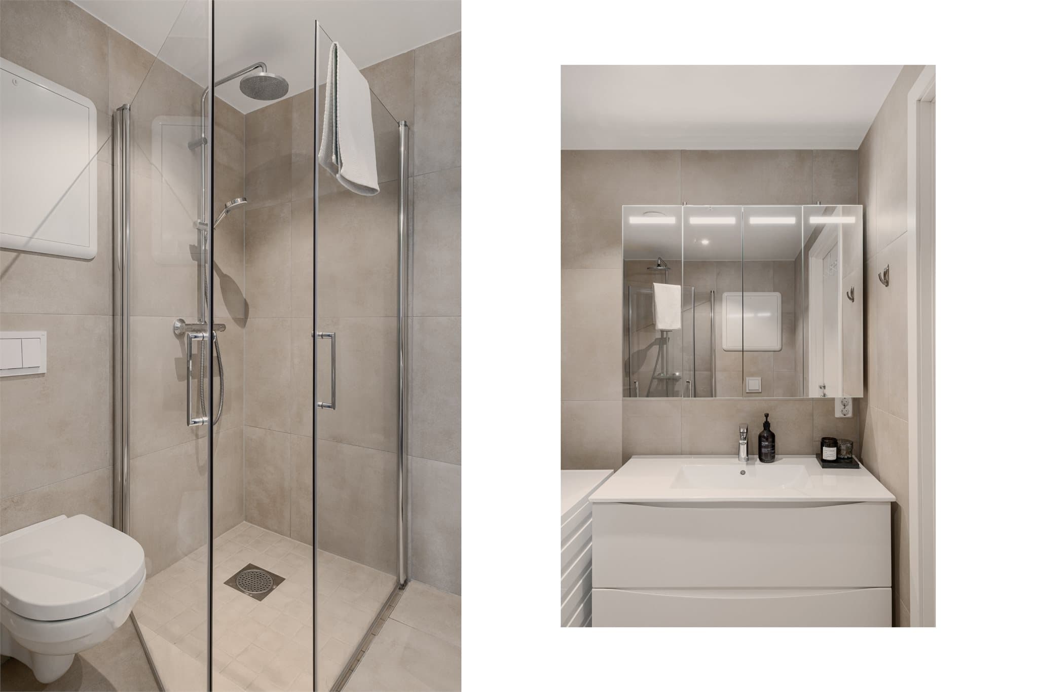 - Badet er innredet med dusjhjørne med foldedører, vegghengt toalett, heldekkende servant, speilskap med belysning og opplegg for vaskemaskin -