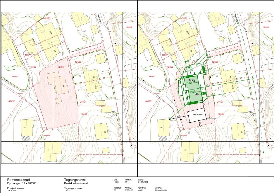 - Situasjonsplan- innkjøring til boligene fra Dyrhaugen øst for boligen -