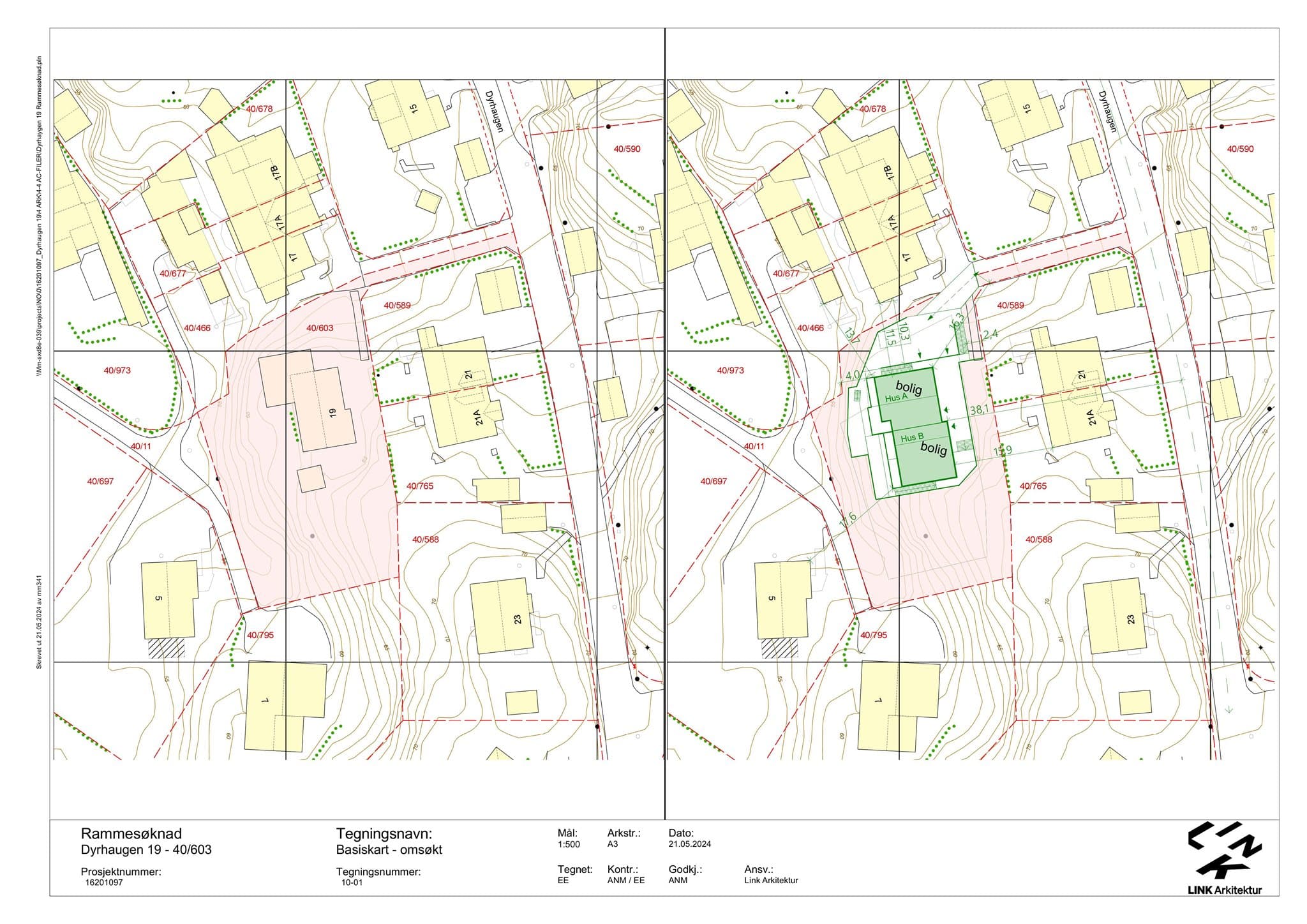 - Situasjonsplan- innkjøring til boligene fra Dyrhaugen øst for boligen -