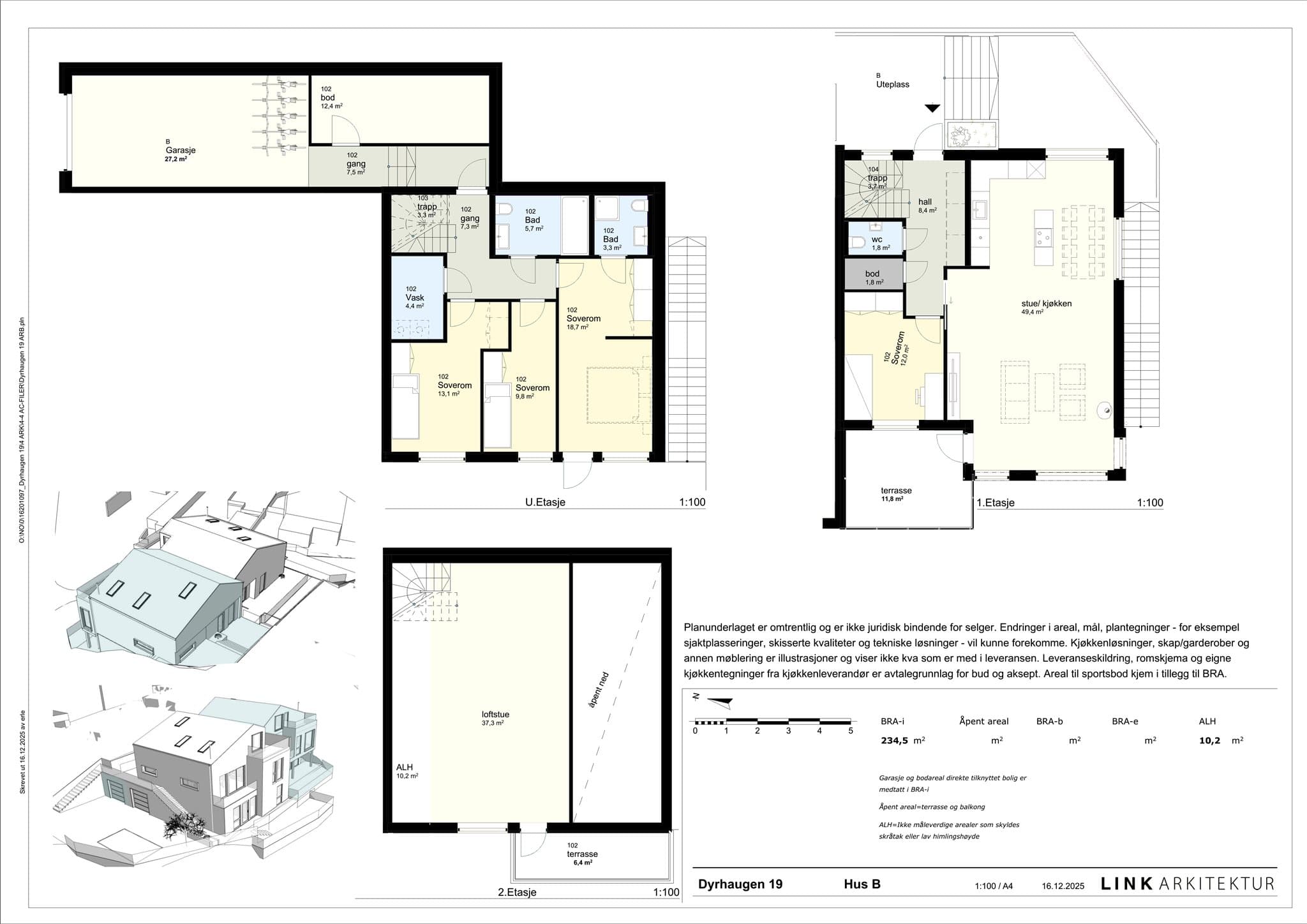 - Plantegning Hus B. Balkong på 5,8m2 er utvidet til 12,2m2
-