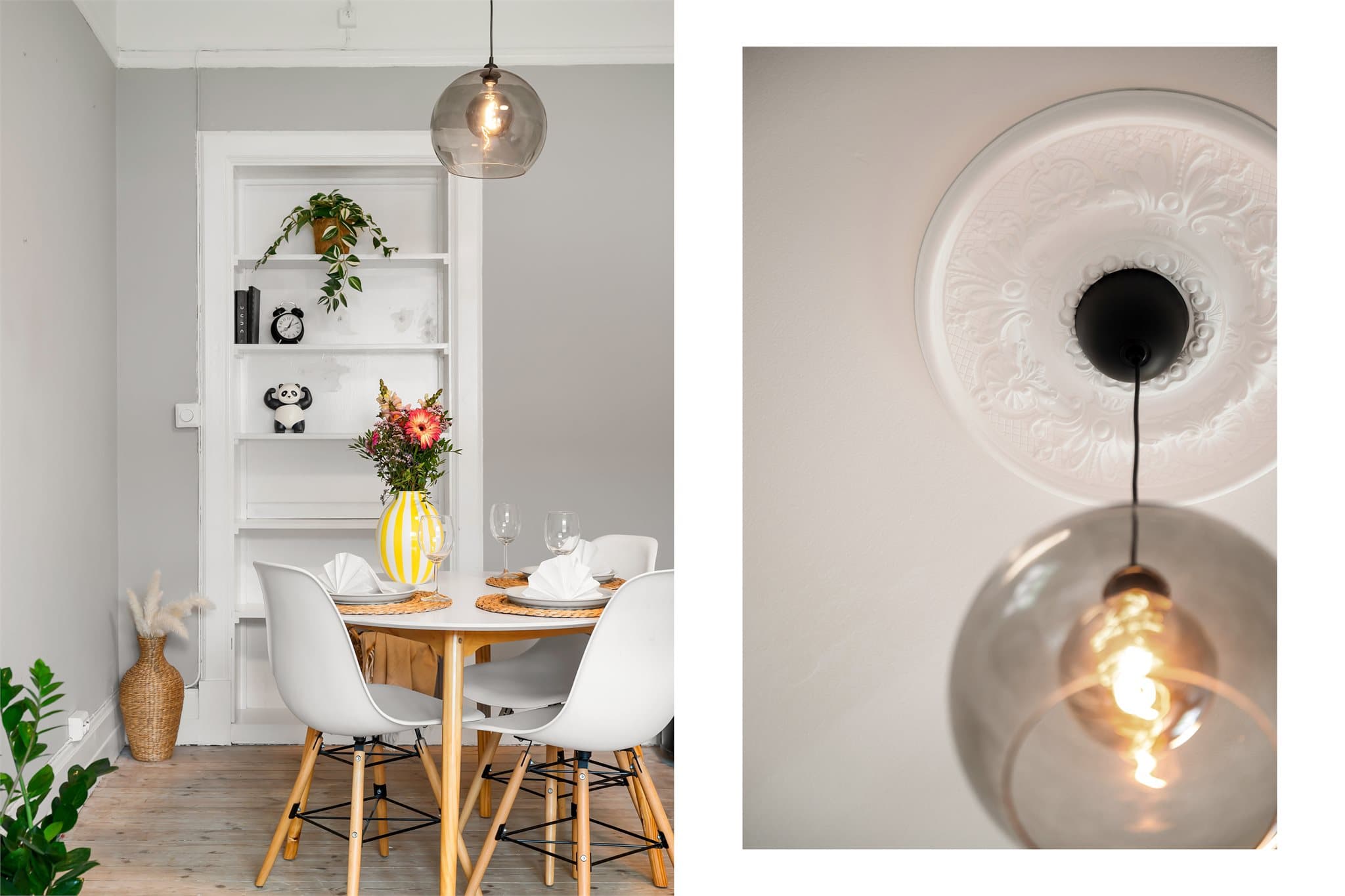 - Stuens utforming gir rom for sofa og spisebord i hver sin naturlige sone -