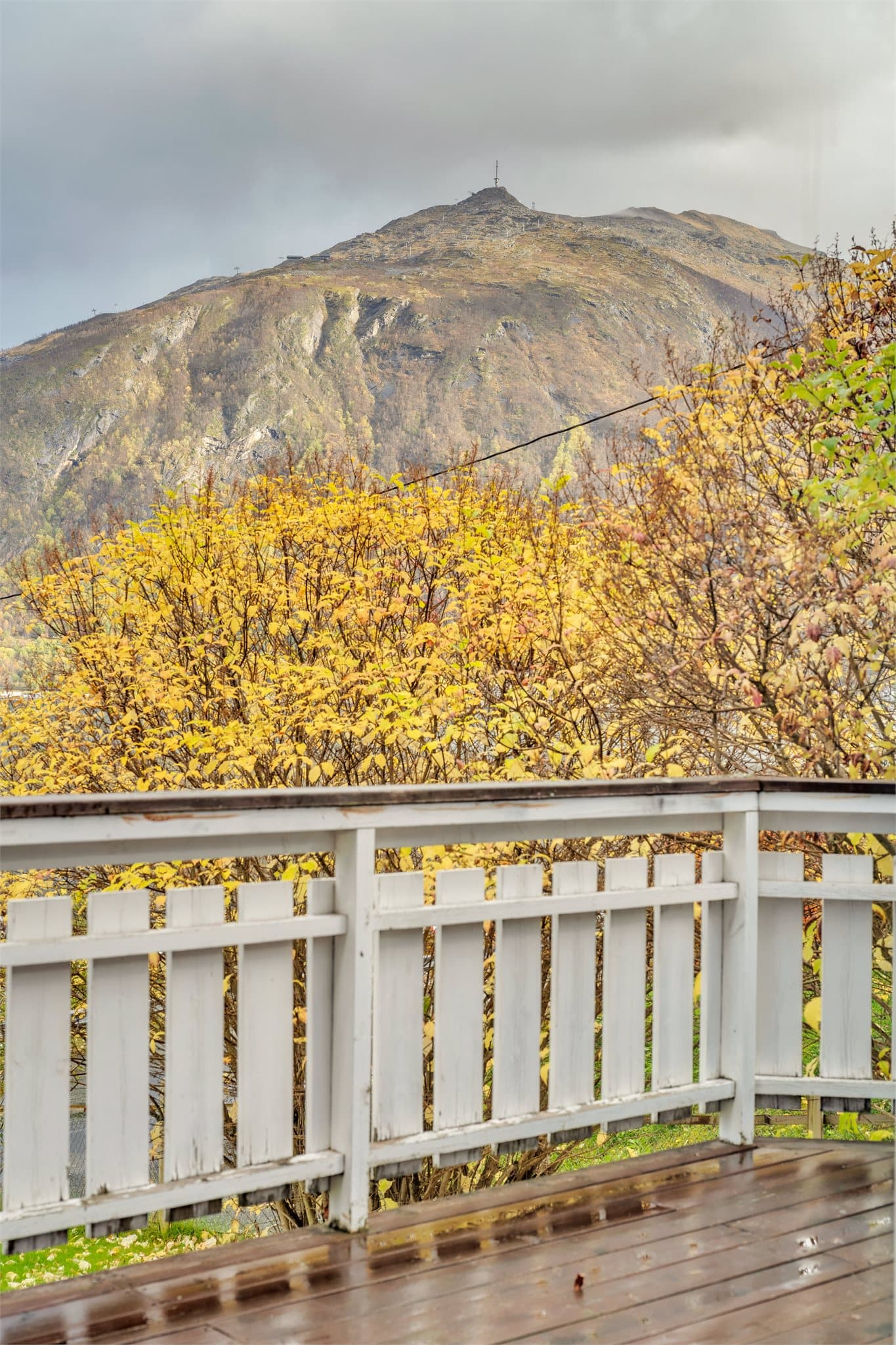Utsikt mot Fagernesfjellet i bakgrunnen fra verandaens sitteplass.