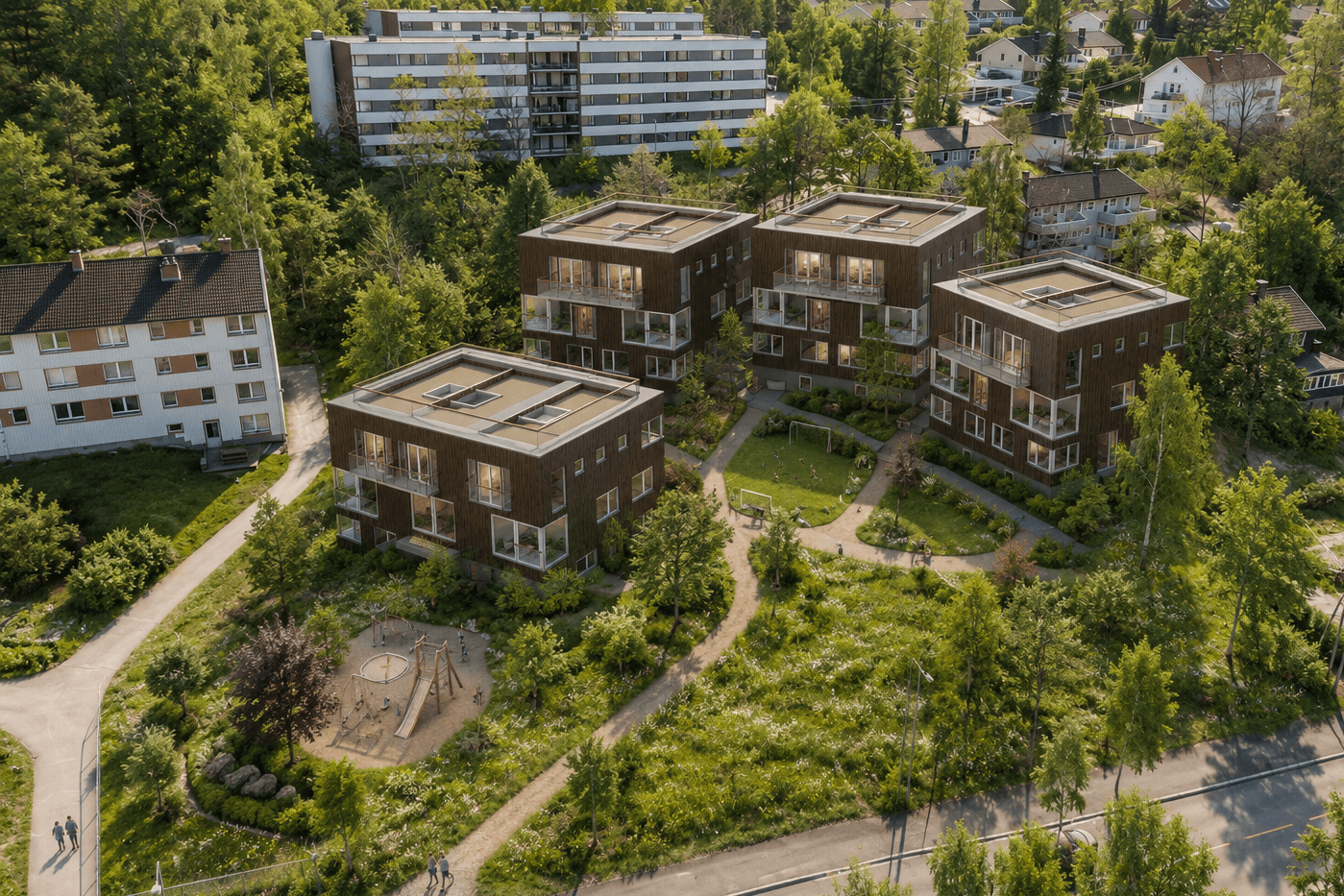 Velkommen til Hauketo Terrasse! Bildet er AI-generert og er kun ment som en illustrasjon for prosjektet.