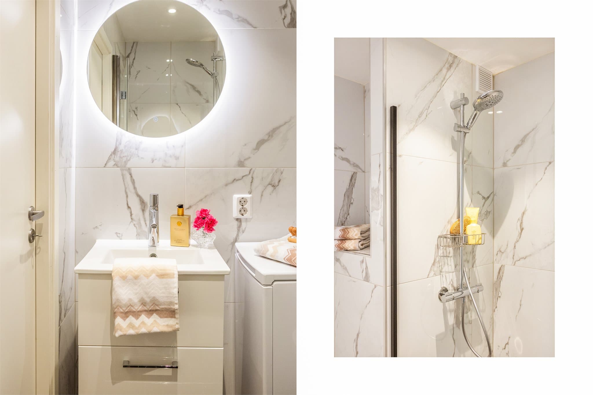Bad på 3,0 m² med elegante marmorerte fliser, moderne dusjløsning og elektriske varmekabler som gir ekstra komfort i hverdagen.