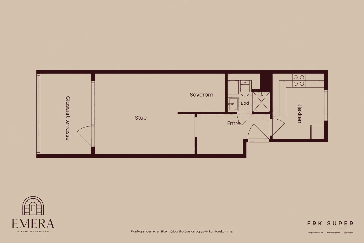 Arealeffektiv planløsning med stue og sovealkove (17,6 m²), separat kjøkken (6,5 m²), entré (5,0 m²) og bad (3,0 m²). BRA-i 33 m². I tillegg innglasset, vestvendt balkong på 8 m² (BRA-b) og ekstern bod på 5 m² (BRA-e). Totalt BRA 46 m².
