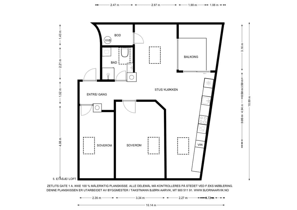 Planløsning. Boligen har et innvendig gulvareal på 82m² og balkong med gulvareal på 9m² I tillegg disponerer boligen en ekstern kjellerbod (Bod 2) på 7 m².