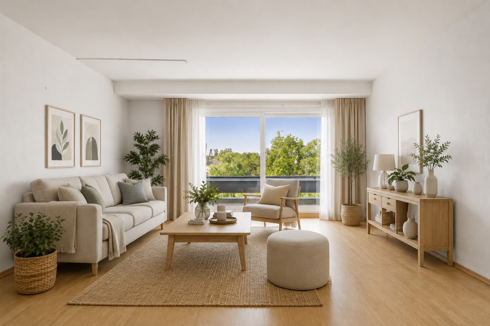 Stuen i leiligheten er både romslig og fleksibel, og legger til rette for en rekke møbleringsmuligheter. Med store vindusflater og skyvedør ut til balkongen, slipper dagslyset inn fra flere sider, noe som gir en lys og luftig atmosfære. Digitalt møblert.