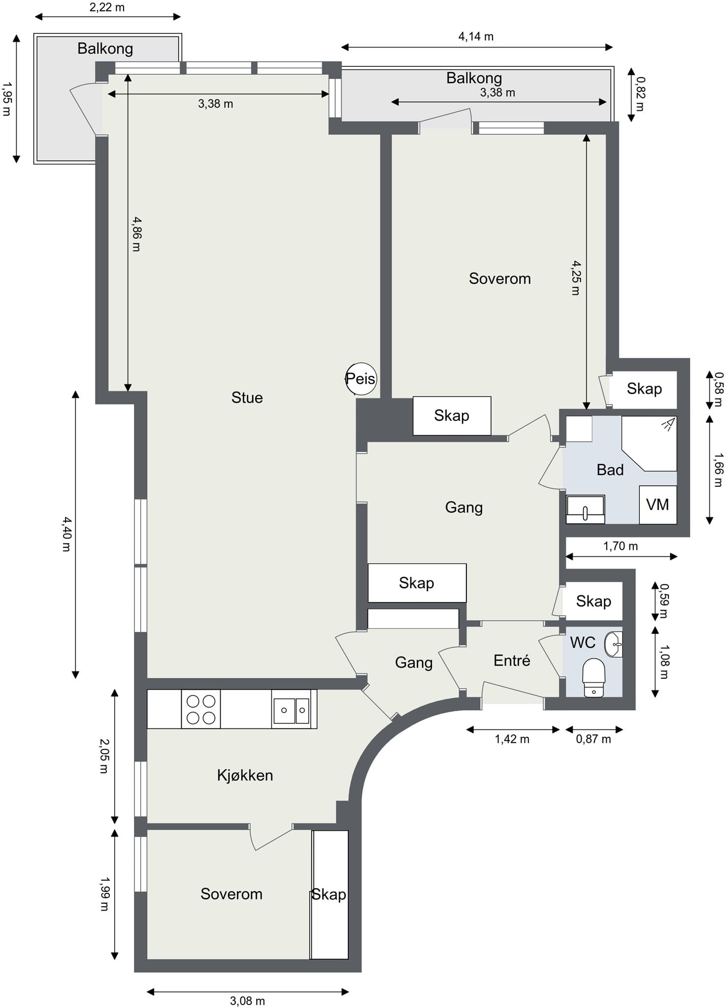Plantegning. Leiligheten disponerer 2 stk. eksterne boder i 1. etasje på totalt 3 m².