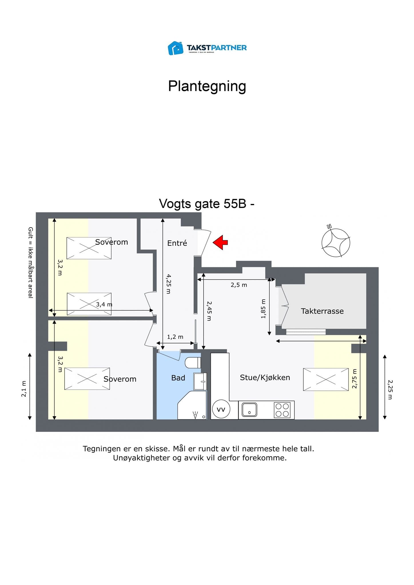 Planløsning. Leiligheten disponerer en bod i kjelleren på 4 m².
