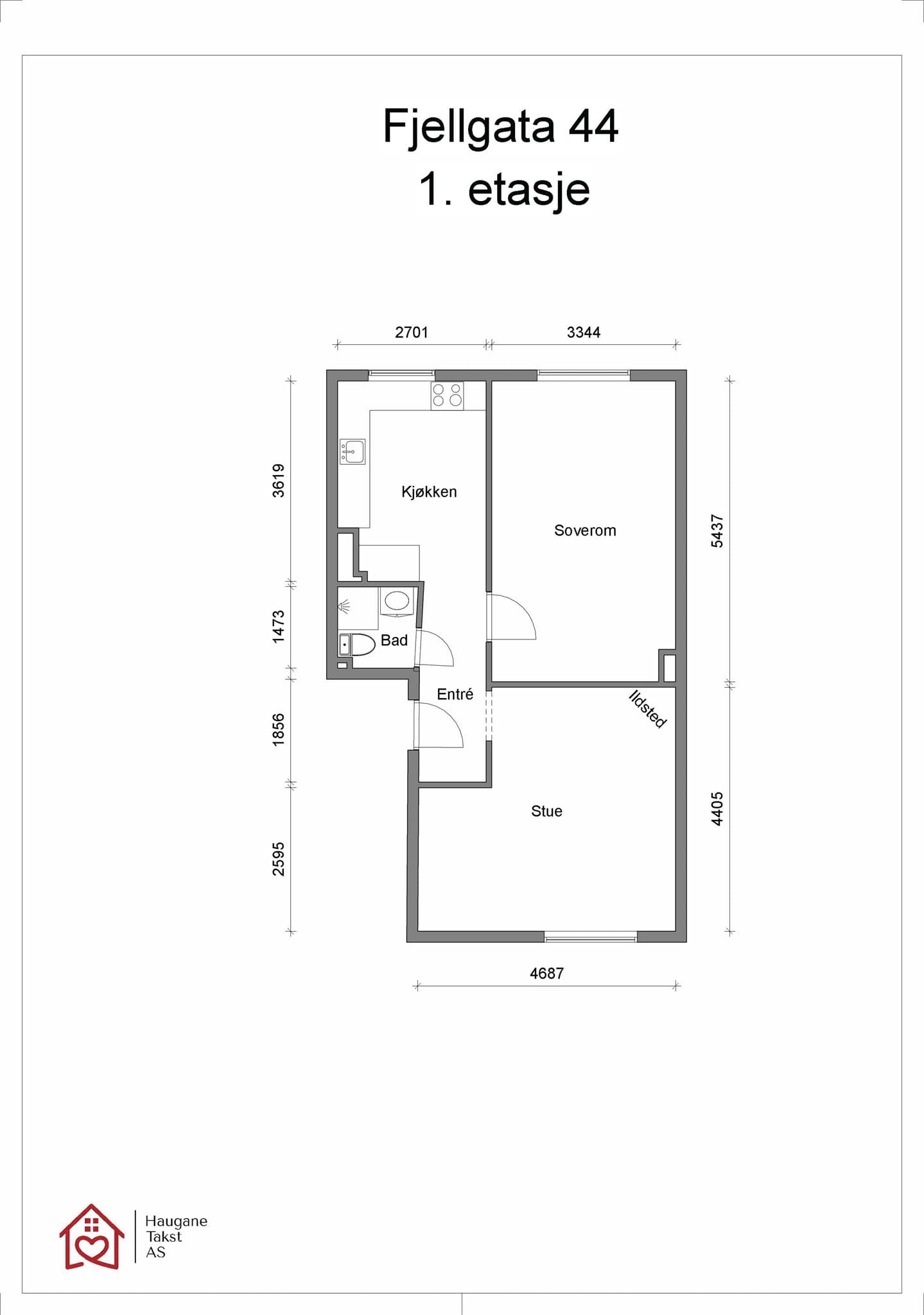 Plantegning. I tillegg disponerer leiligheten en kjellerbod på ca. 4,5 m² og en loftsbod på ca. 3,6 m². Gulvarealet er målt til ca. 9 kvm.