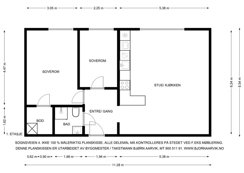 Planløsning. I tillegg disponerer leiligheten en kjellerbod på 2 m².
