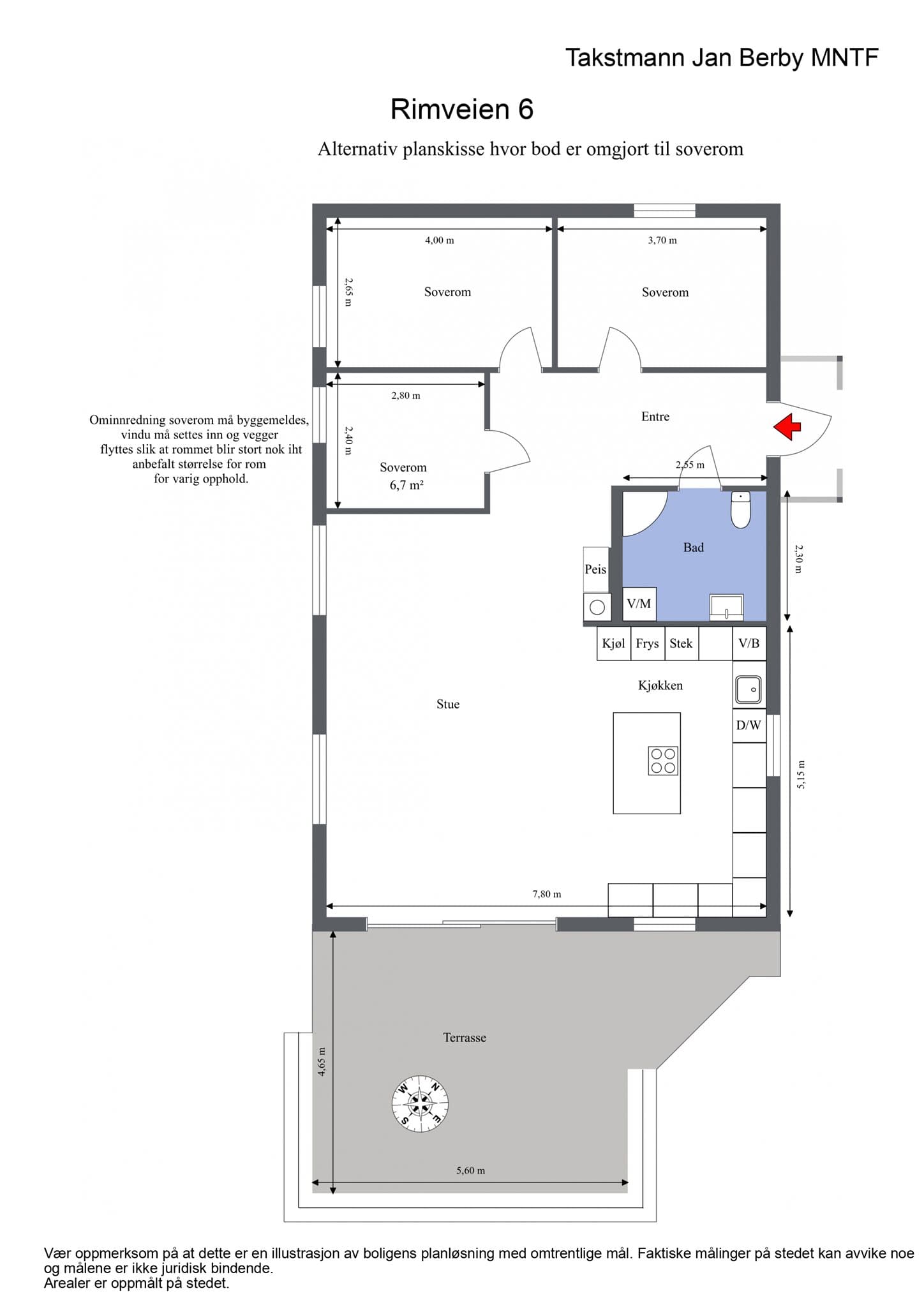 Alternativ plantegning med ekstra soverom.