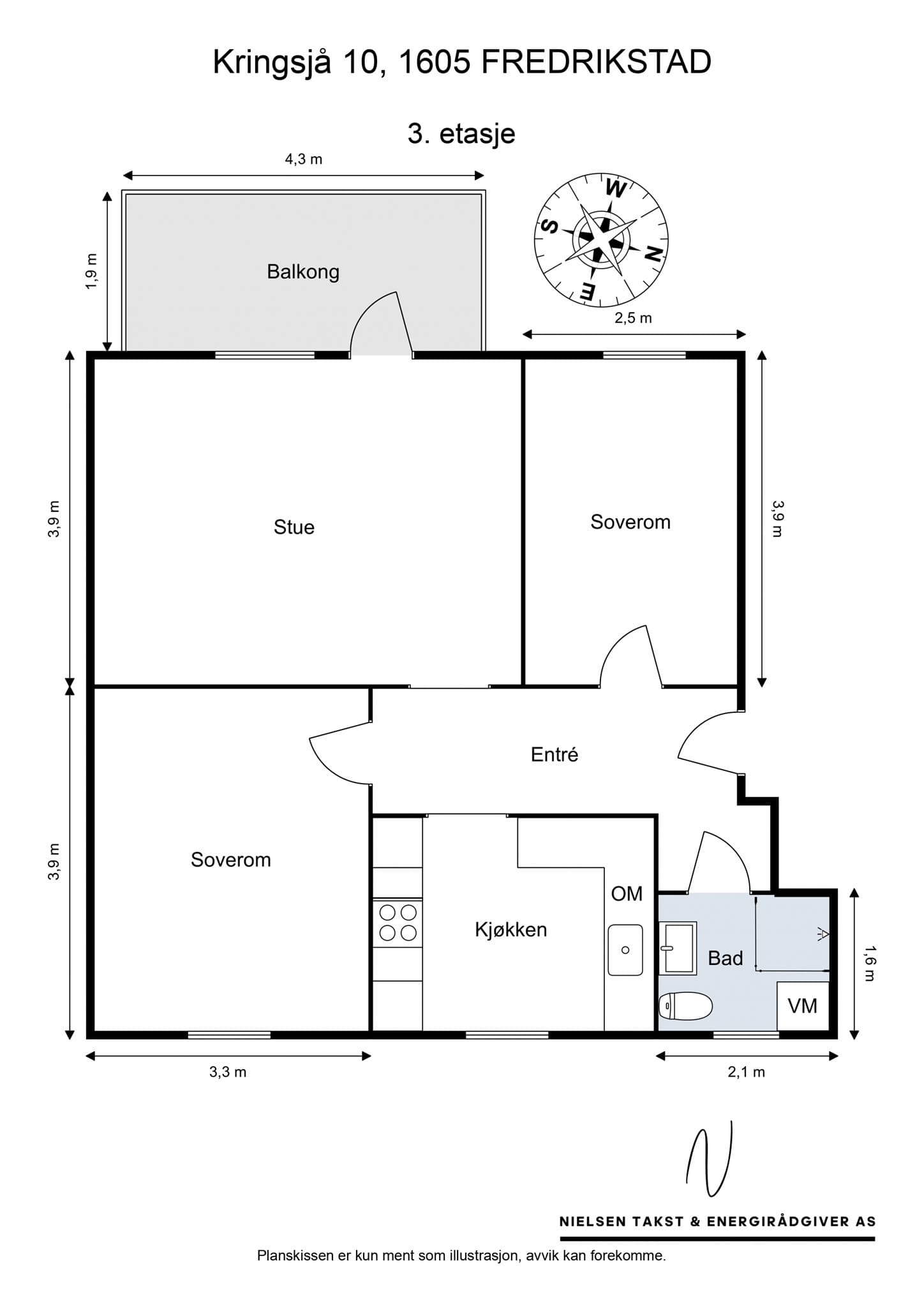 Plantegning. Leiligheten disponerer én bod på loftet på 8 m² og to boder i kjeller på totalt 9 m².