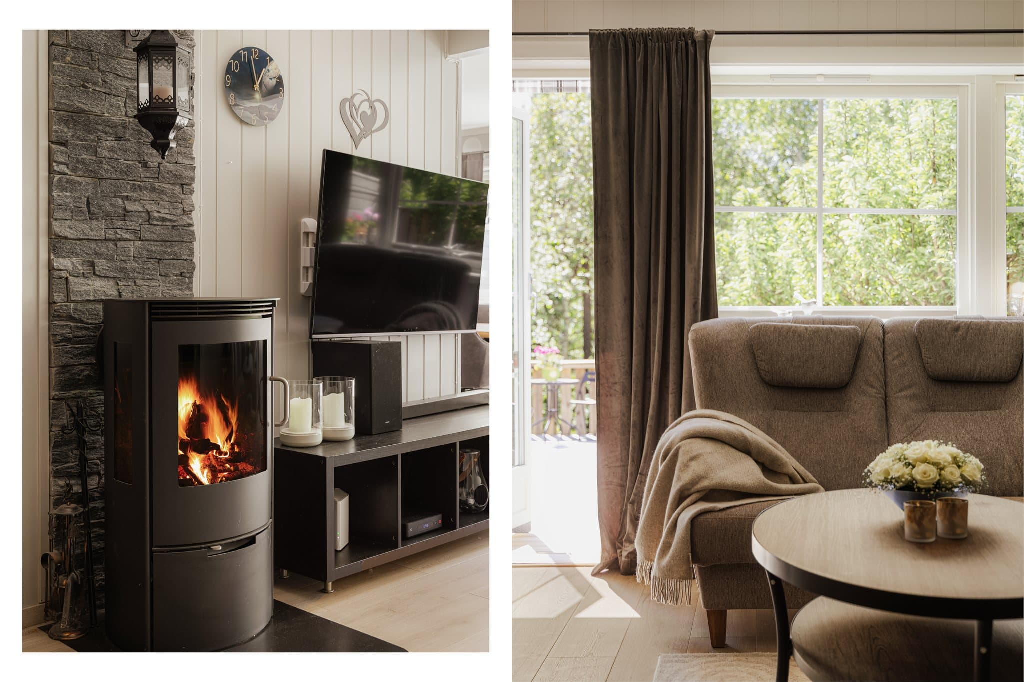 Det er montert en koselig peisovn som sørger for ekstra varme og hygge.