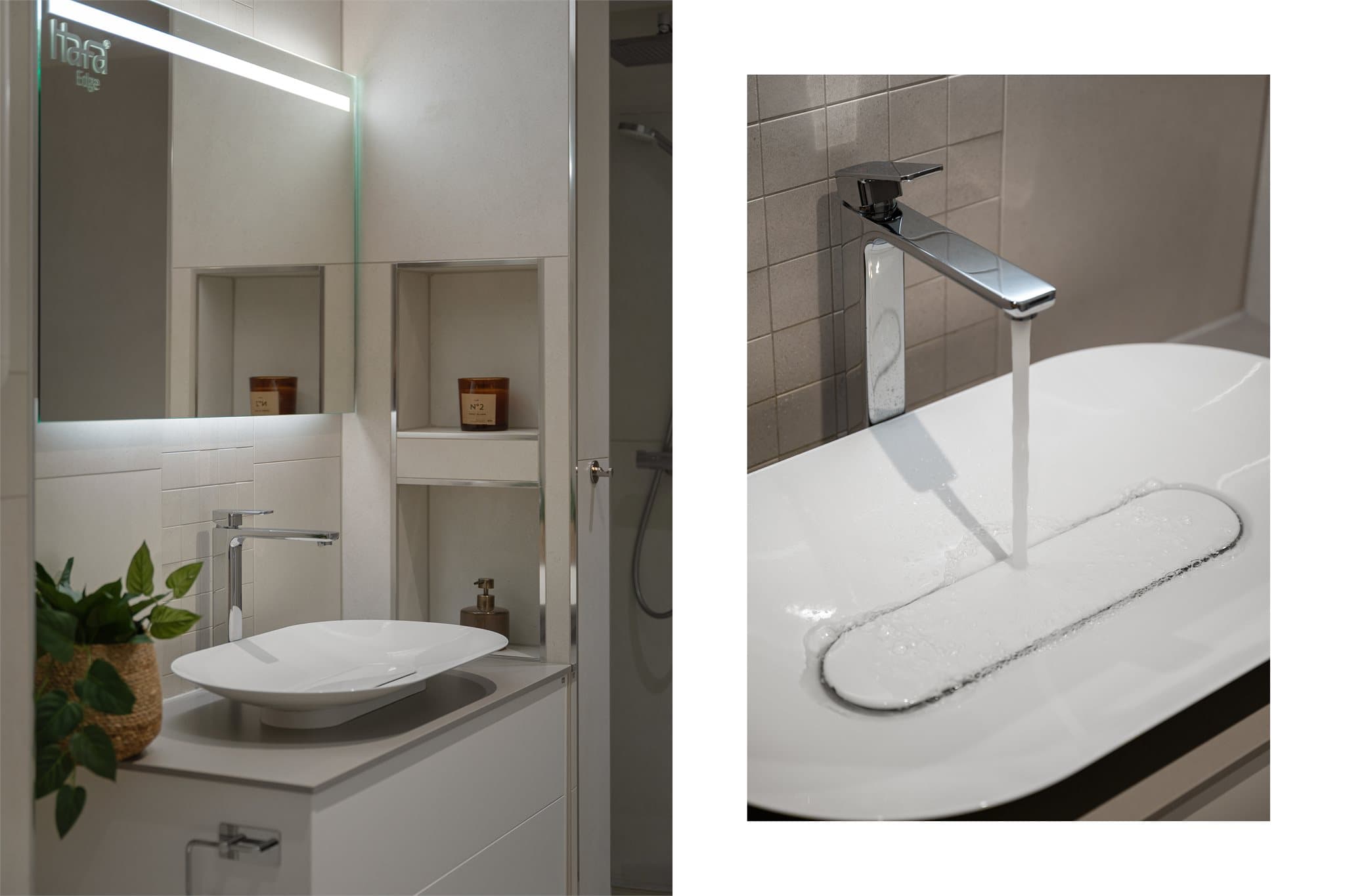 - Badet inneholder vegghengt toalett, benkeskap med servant, dusjdører i glass, fordelerskap til "rør i rør" system og opplegg for vaskemaskin -