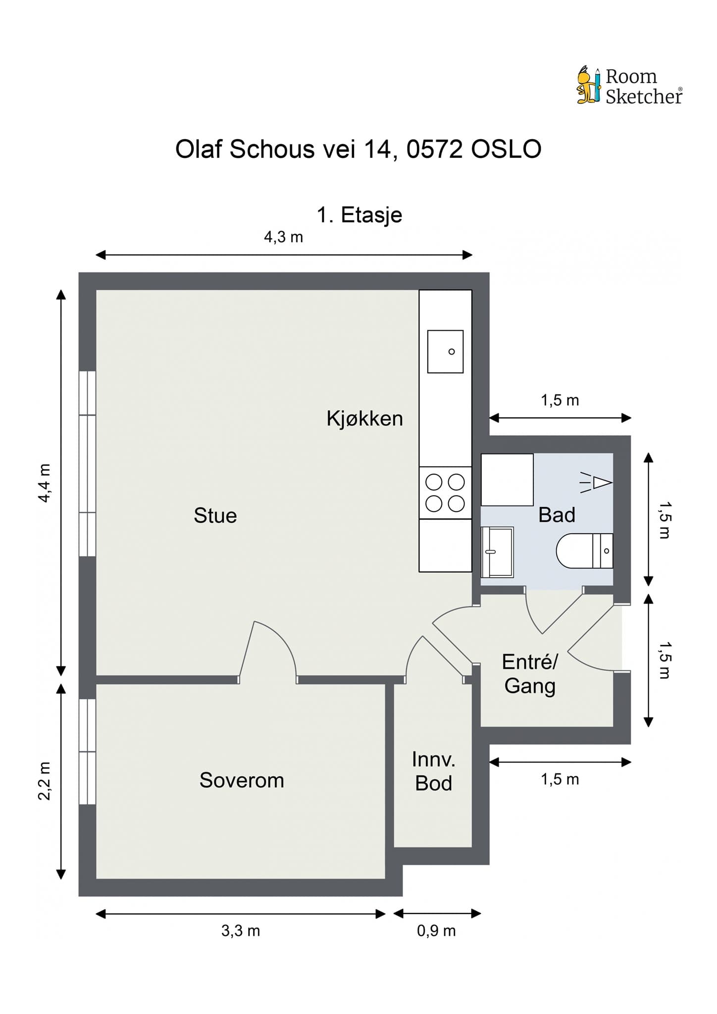 Plantegning - I tillegg disponerer leiligheten en bod i kjelleren.