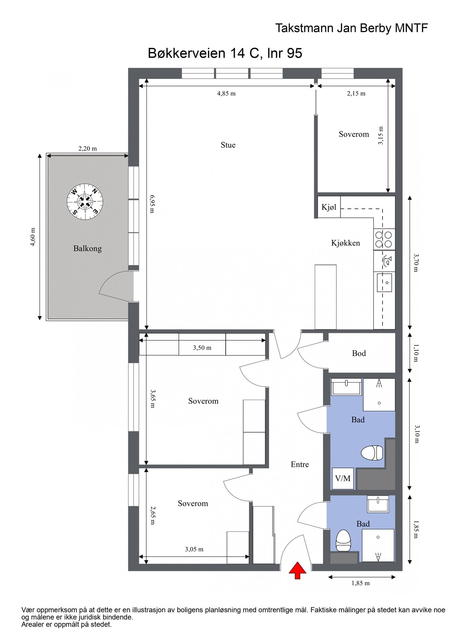 Plantegning. Leiligheten disponerer en ekstern bod.
