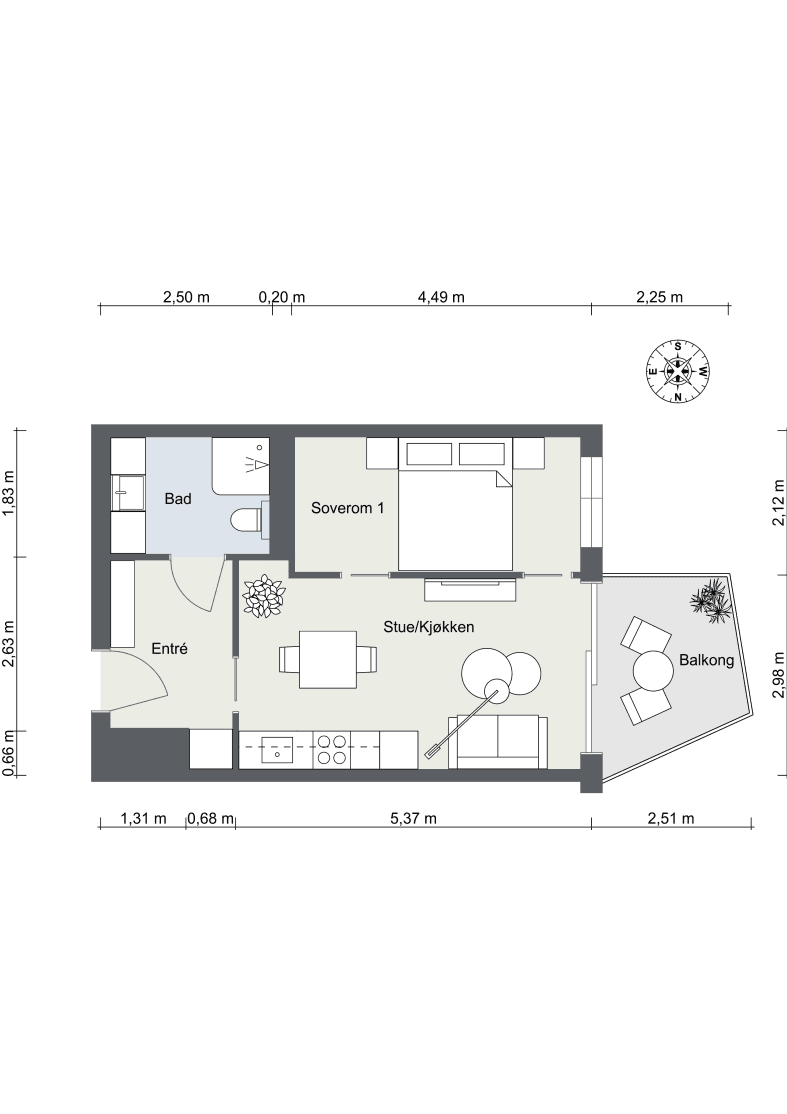 Plantegning. Leiligheten disponerer garasjeplass og bod i kjeller.