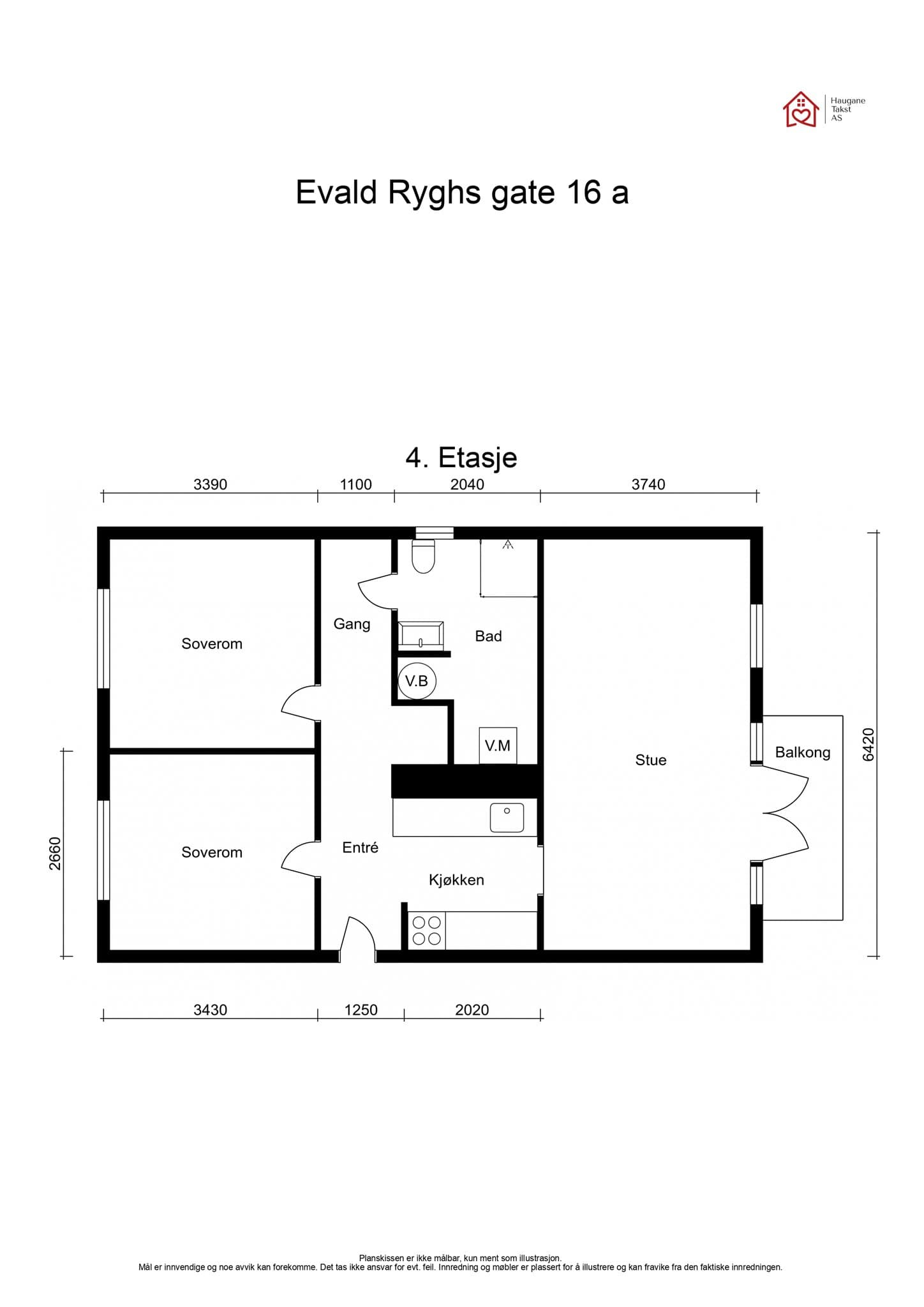 Plantegning. Leiligheten disponerer en bod i kjeller på ca. 12 m² og en bod på loftet på ca. 6 m² (gulvareal målt til ca. 8 m²).