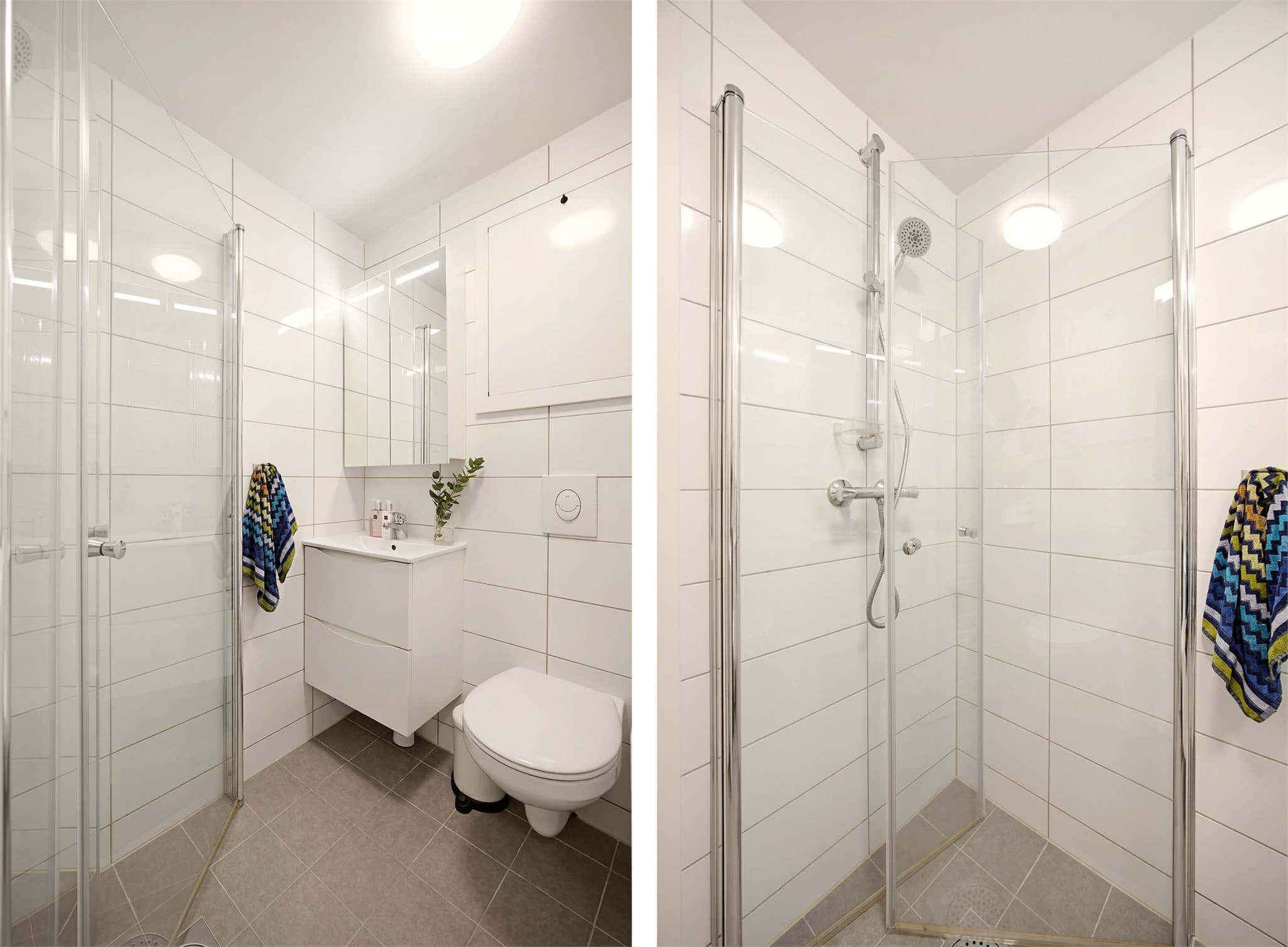 Badet byr på dusj med innfellbare dører, servant og veggfestet toalett. Over vasken finner du veggskap med speilfronter og under - et benkeskap med plass til oppbevaring av baderomsartikler.