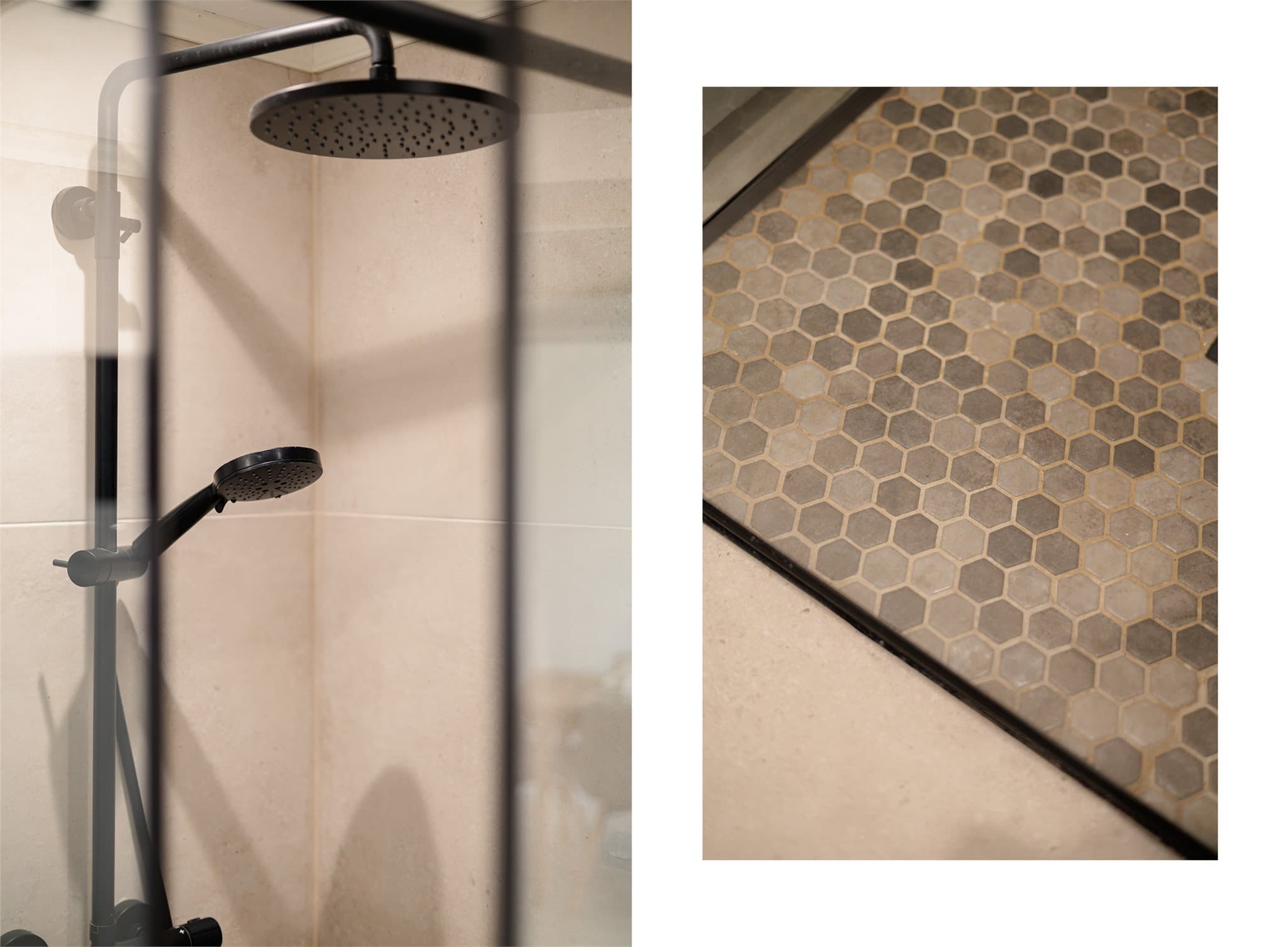 Beige toner i flisene og svarte detaljer ellers gir en eksklusiv look.