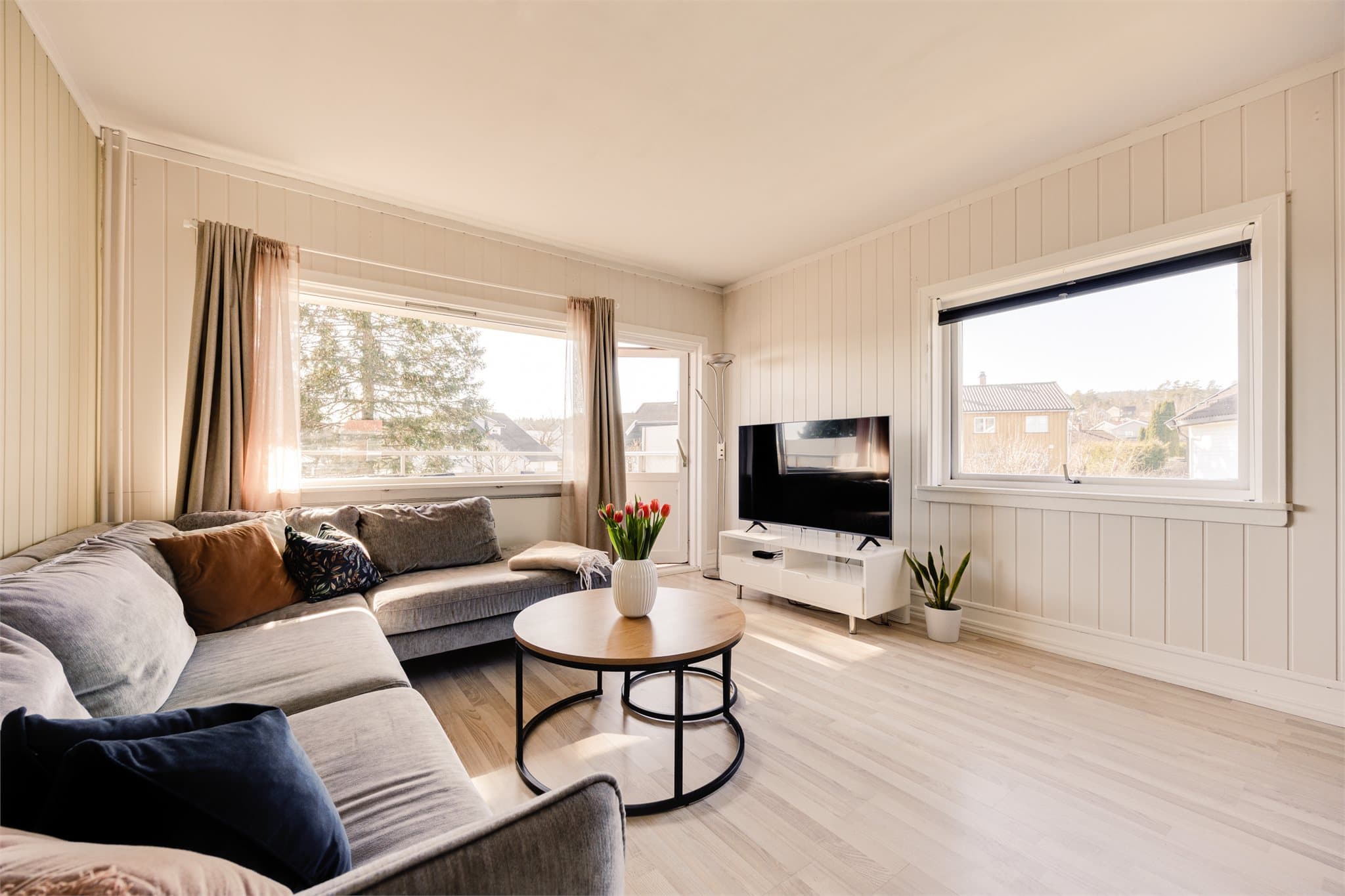 Hvite vegger kombinert med en dus grønn kontrastvegg gir rommet en lun og moderne atmosfære – spesielt vakkert i naturlig lys.